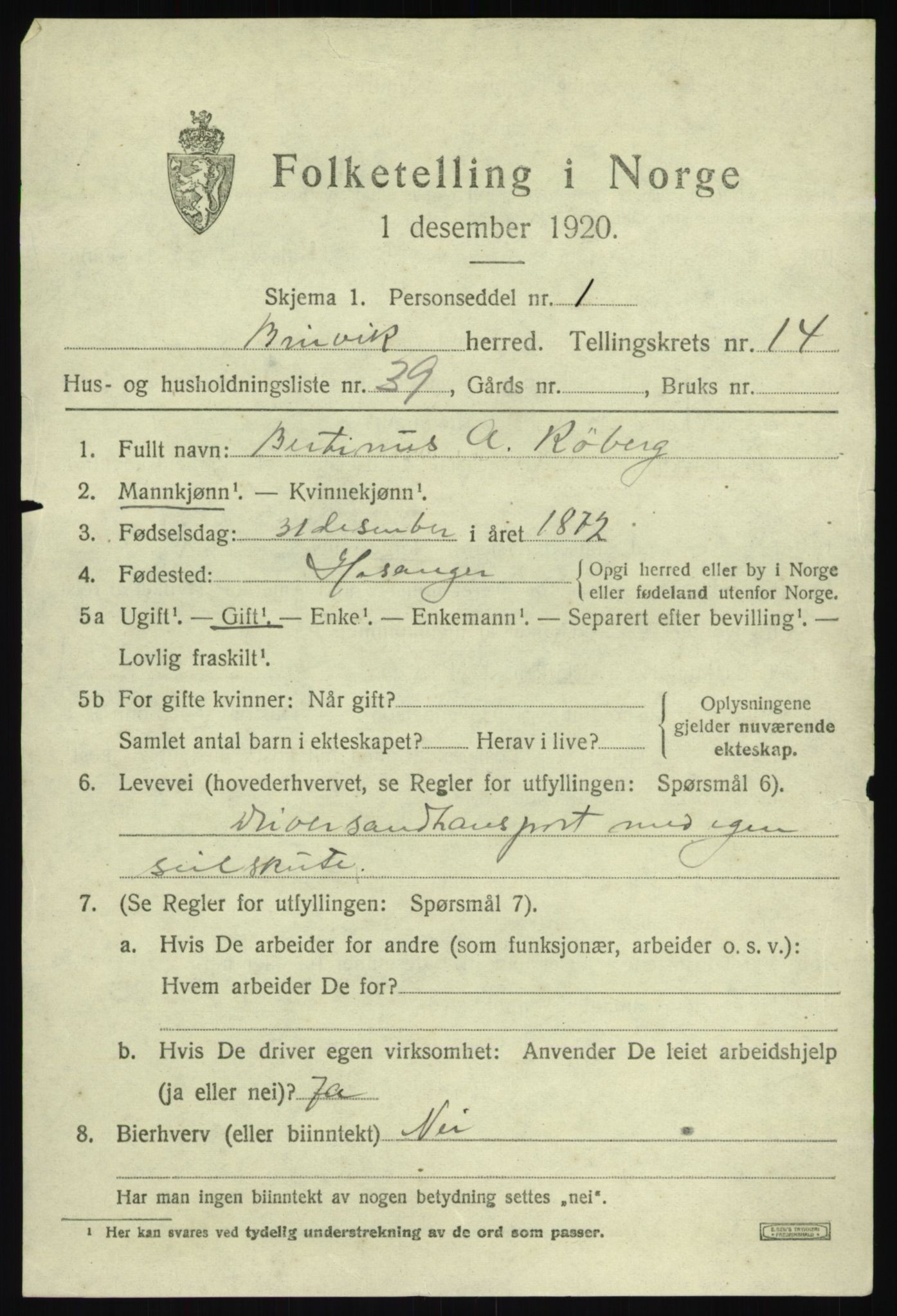 SAB, 1920 census for Bruvik, 1920, p. 9138