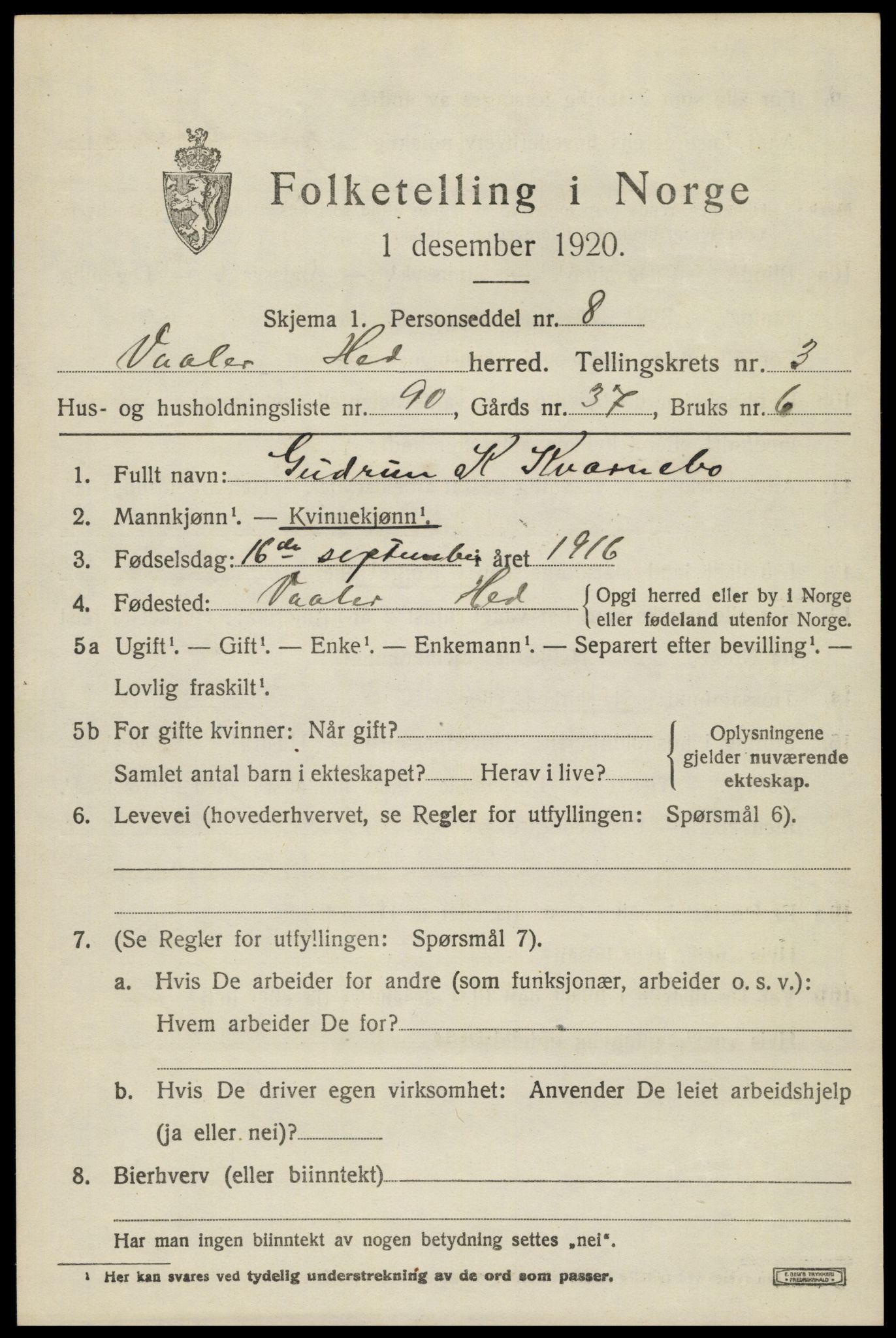 SAH, 1920 census for Våler (Hedmark), 1920, p. 4371