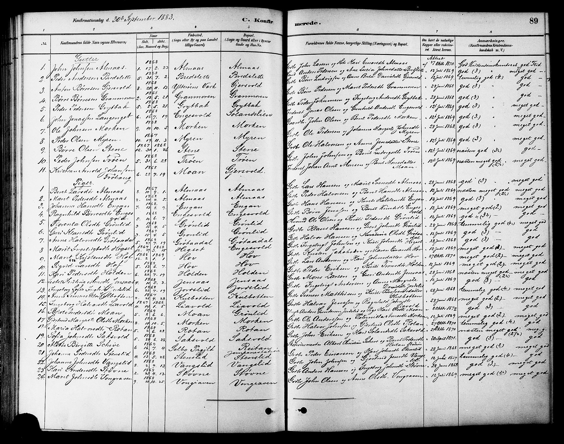Ministerialprotokoller, klokkerbøker og fødselsregistre - Sør-Trøndelag, SAT/A-1456/686/L0983: Parish register (official) no. 686A01, 1879-1890, p. 89