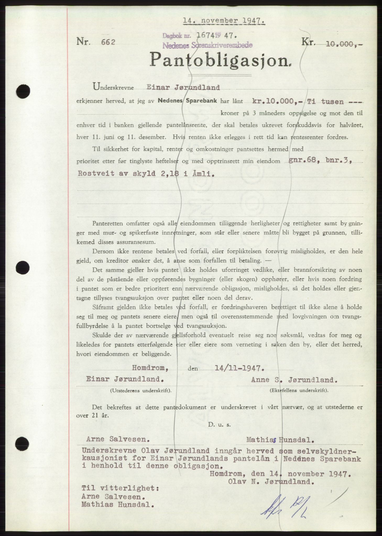 Nedenes sorenskriveri, AV/SAK-1221-0006/G/Gb/Gbb/L0004: Mortgage book no. B4, 1947-1947, Diary no: : 1674/1947