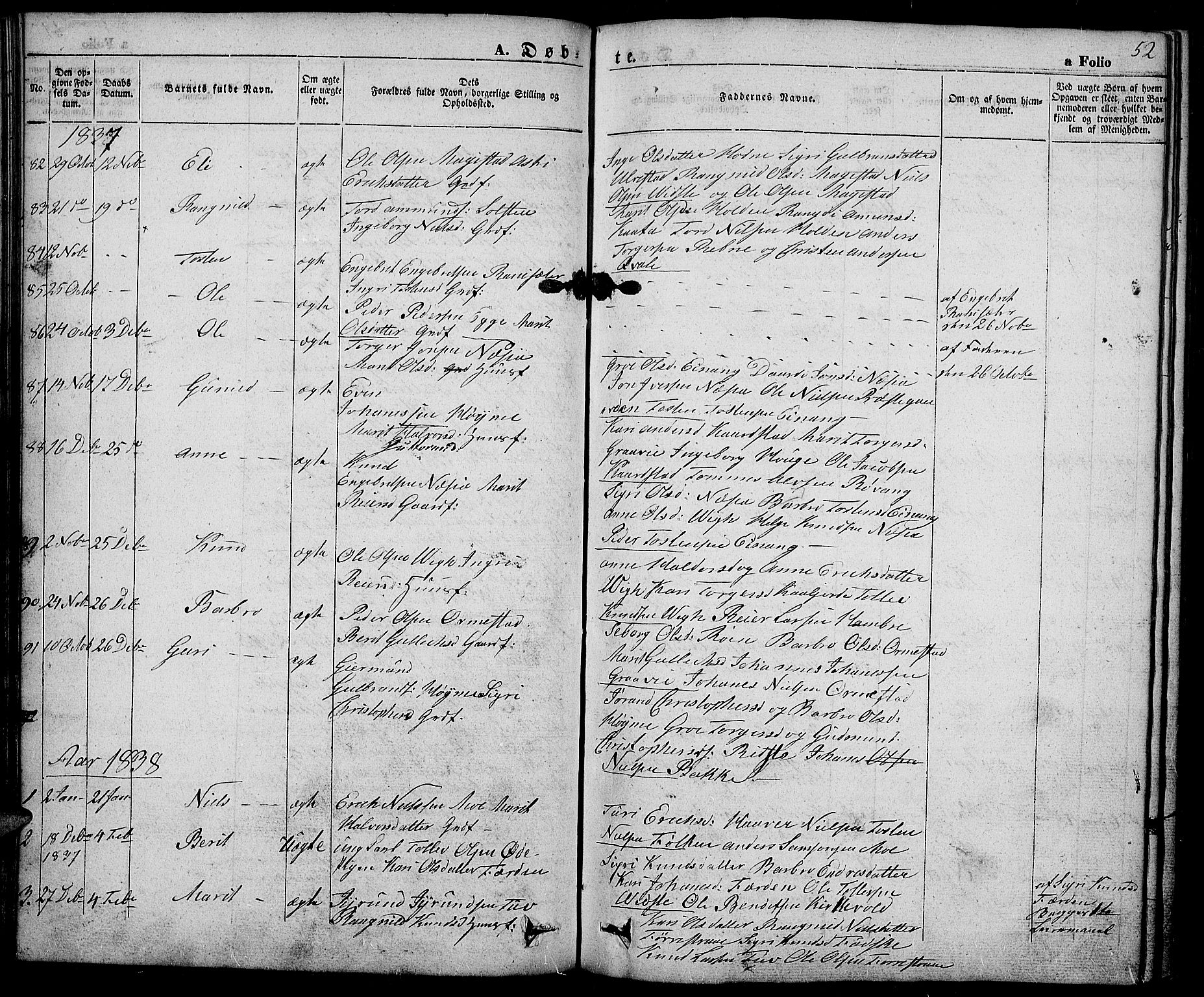Slidre prestekontor, SAH/PREST-134/H/Ha/Haa/L0003: Parish register (official) no. 3, 1831-1843, p. 52