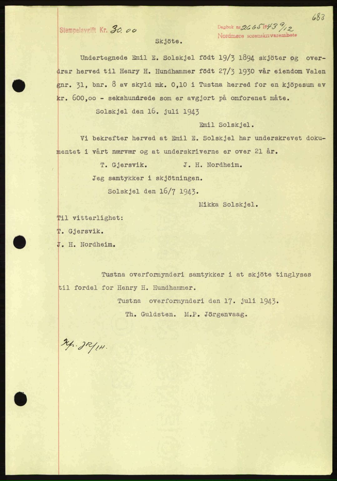 Nordmøre sorenskriveri, SAT/A-4132/1/2/2Ca: Mortgage book no. A96, 1943-1944, Diary no: : 2665/1943
