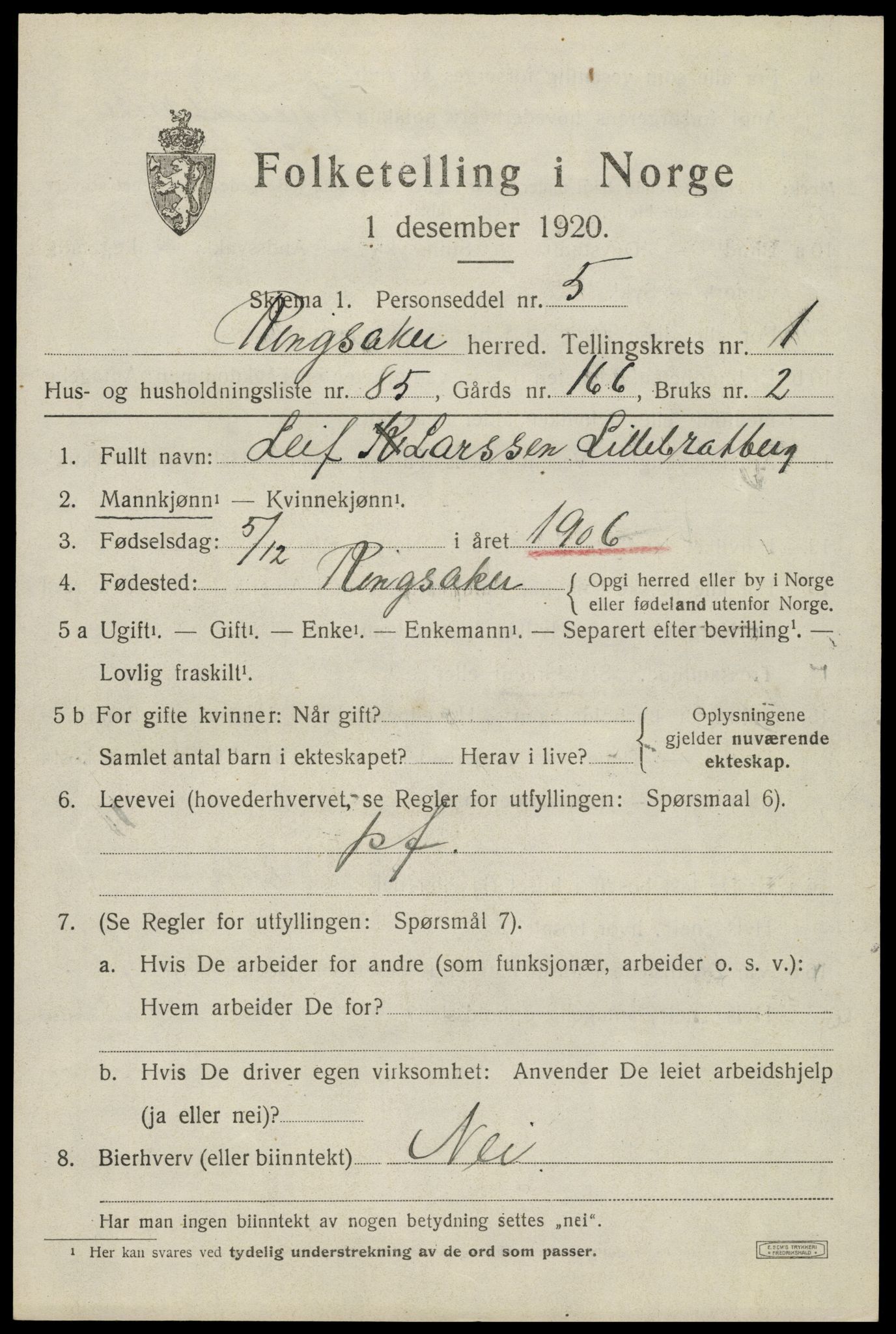 SAH, 1920 census for Ringsaker, 1920, p. 5402