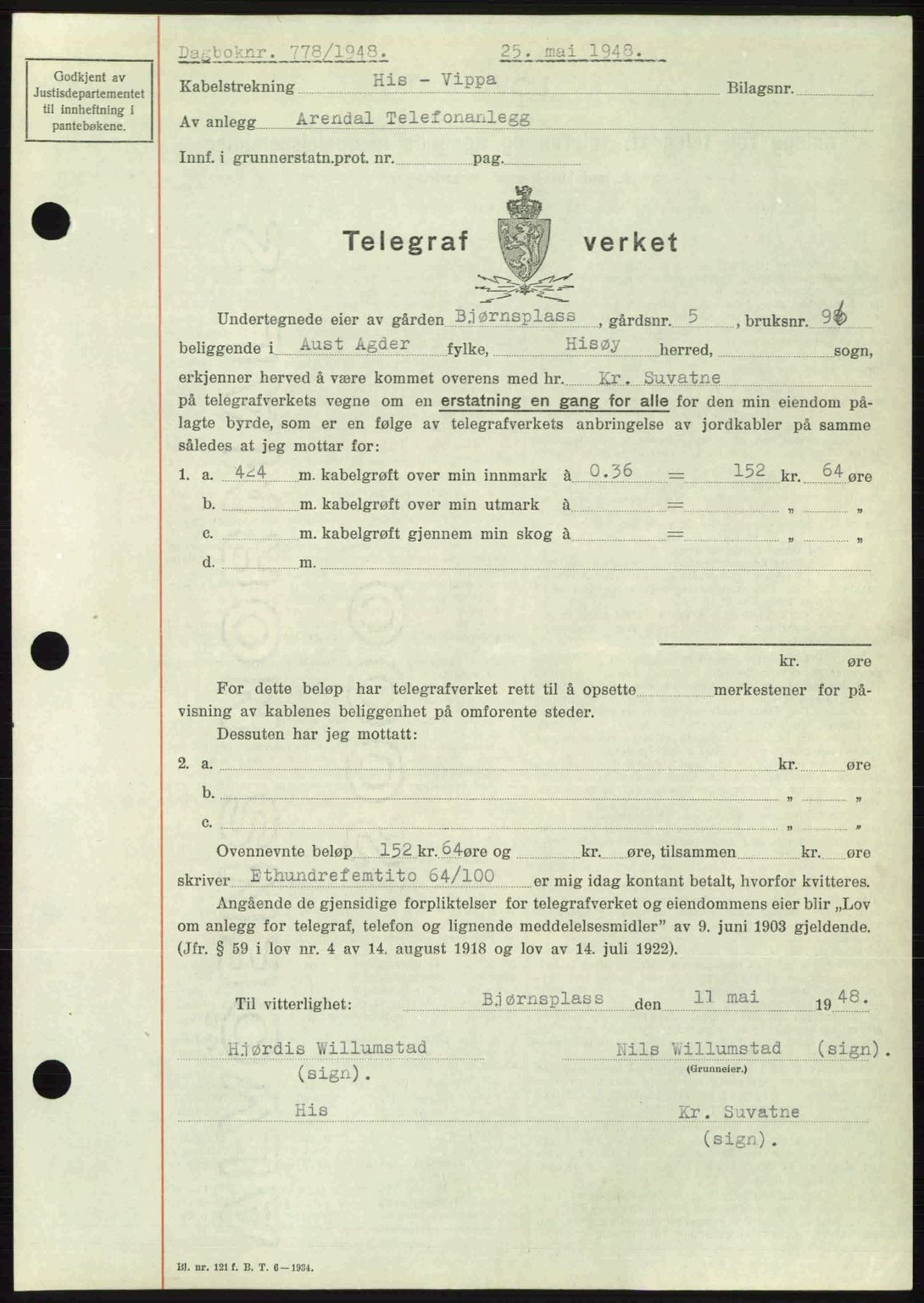 Nedenes sorenskriveri, SAK/1221-0006/G/Gb/Gba/L0059: Mortgage book no. A11, 1948-1948, Diary no: : 778/1948