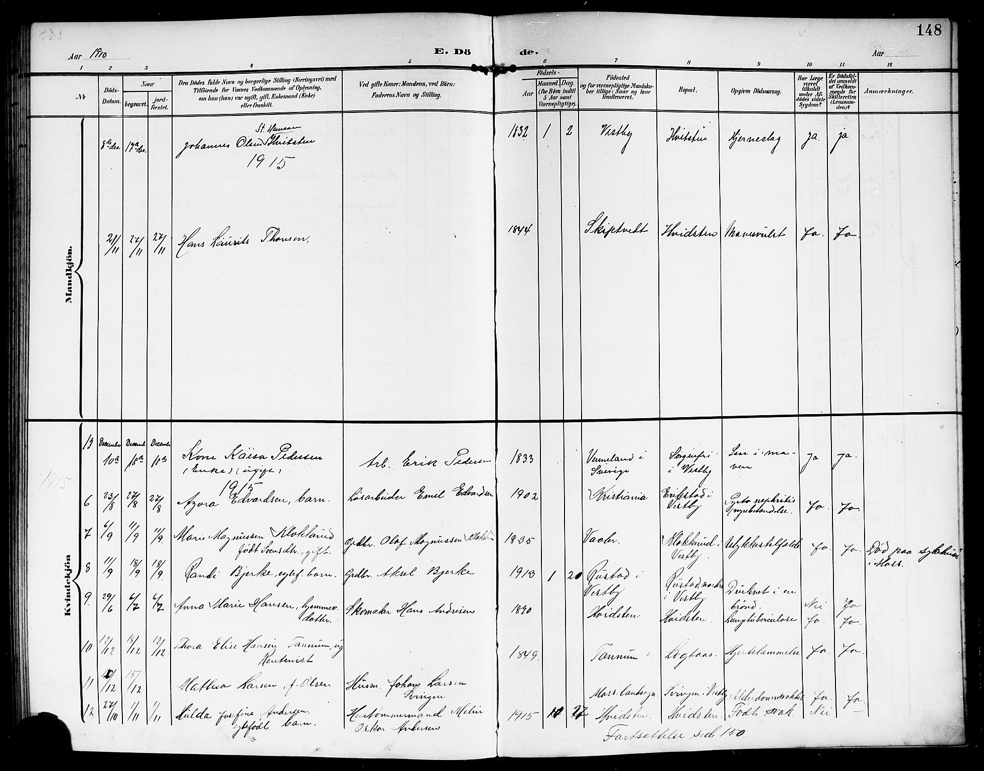 Vestby prestekontor Kirkebøker, AV/SAO-A-10893/G/Ga/L0002: Parish register (copy) no. I 2, 1903-1916, p. 148