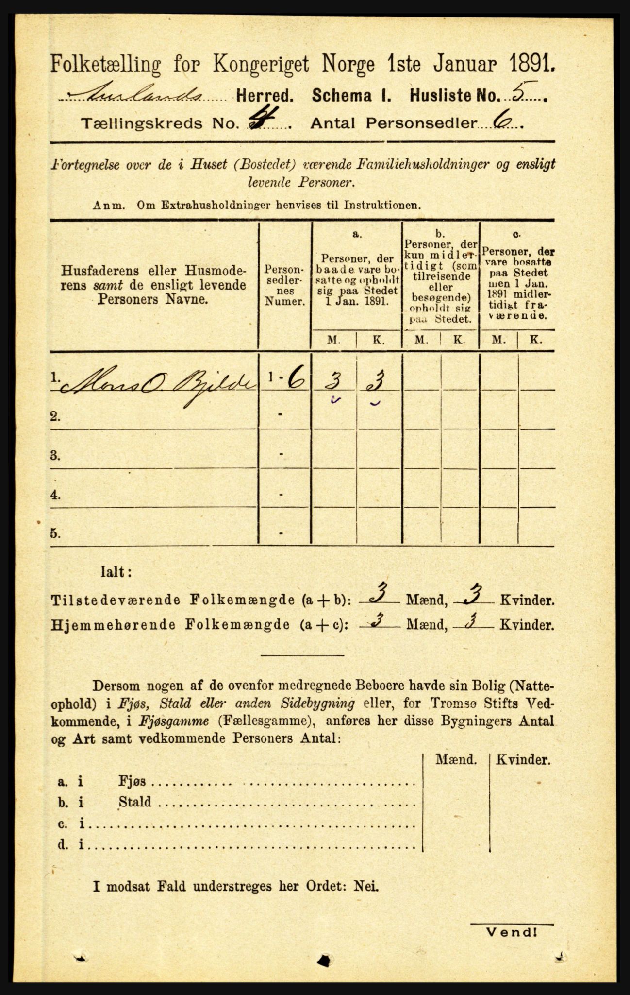 RA, 1891 census for 1421 Aurland, 1891, p. 1289