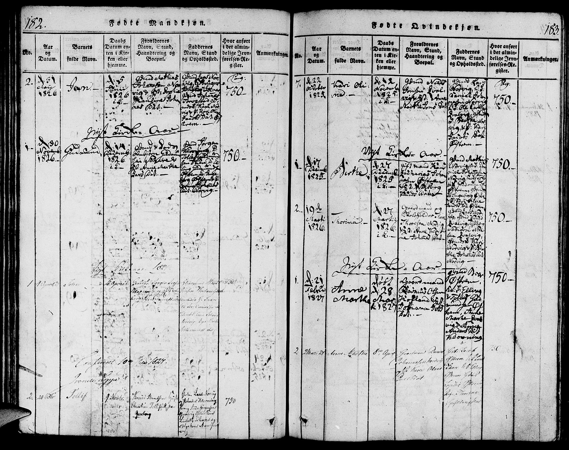 Torvastad sokneprestkontor, AV/SAST-A -101857/H/Ha/Haa/L0003: Parish register (official) no. A 3 /2, 1817-1837, p. 182-183