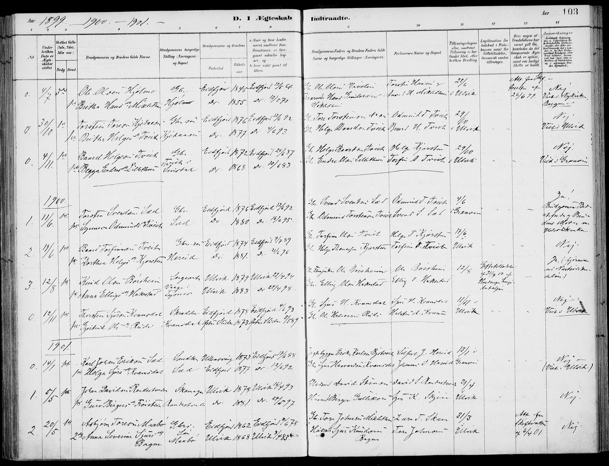 Ulvik sokneprestembete, SAB/A-78801/H/Haa: Parish register (official) no. D  1, 1878-1903, p. 103