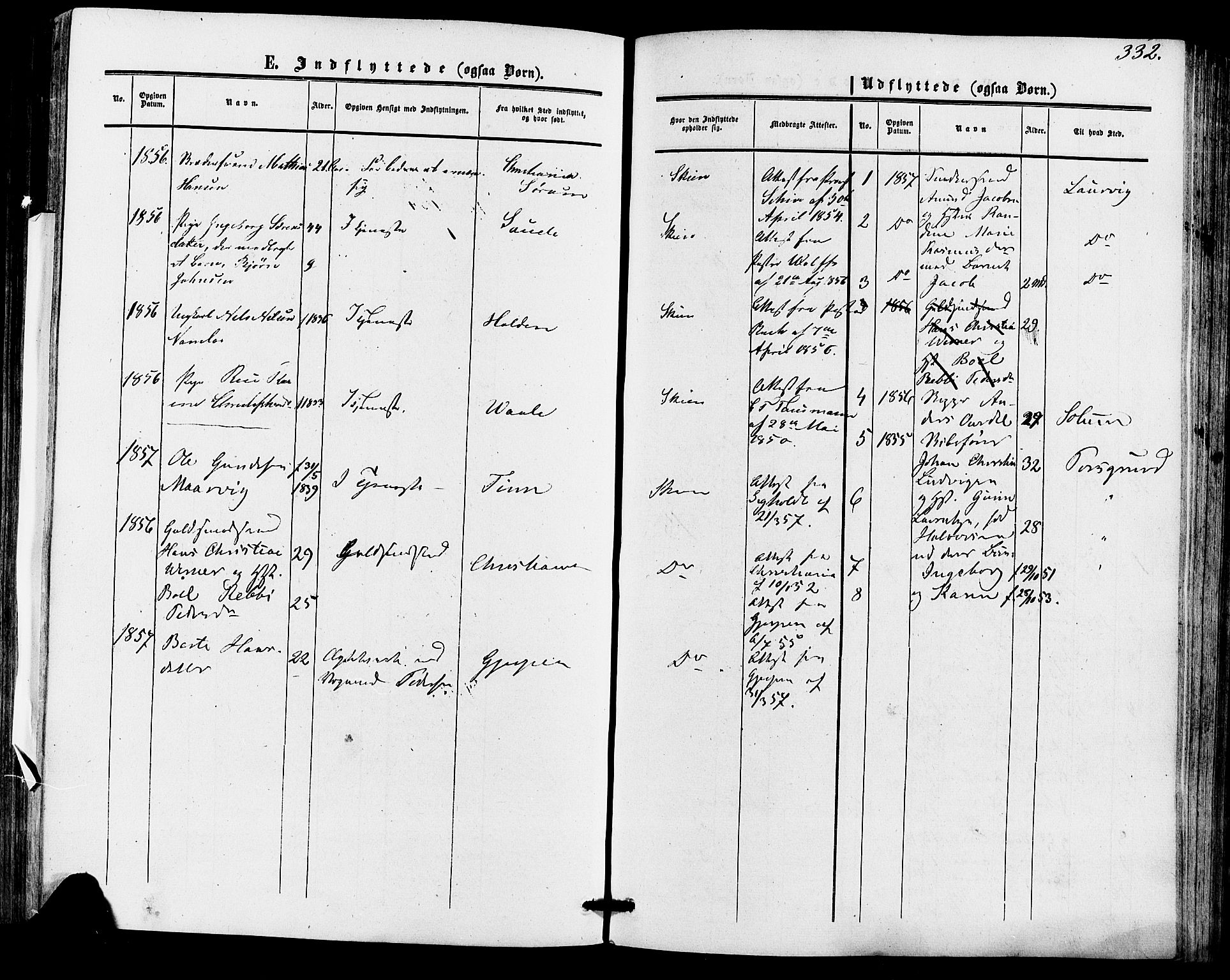 Skien kirkebøker, AV/SAKO-A-302/F/Fa/L0007: Parish register (official) no. 7, 1856-1865, p. 332