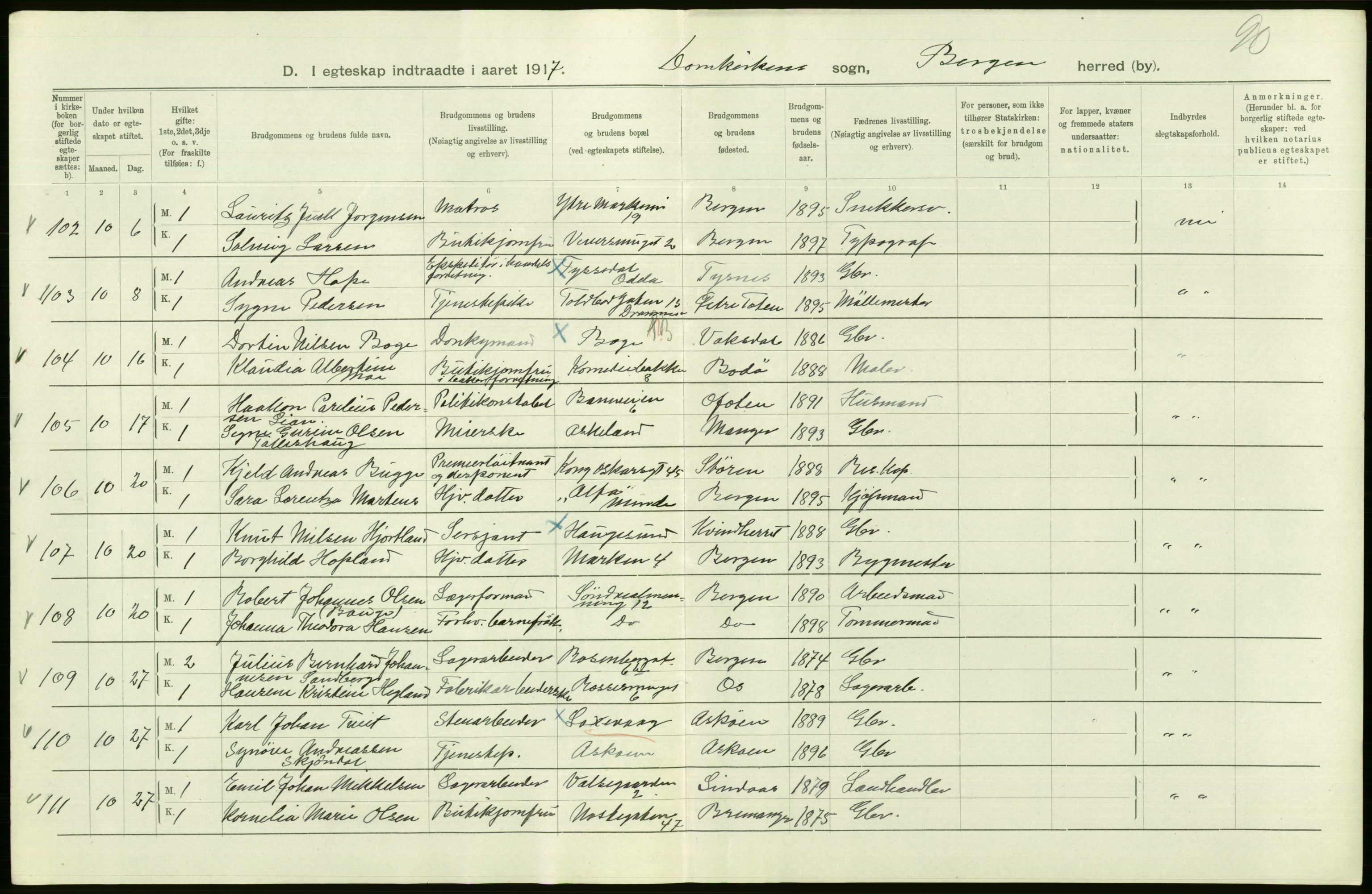 Statistisk sentralbyrå, Sosiodemografiske emner, Befolkning, AV/RA-S-2228/D/Df/Dfb/Dfbg/L0038: Bergen: Gifte, døde, dødfødte., 1917, p. 28