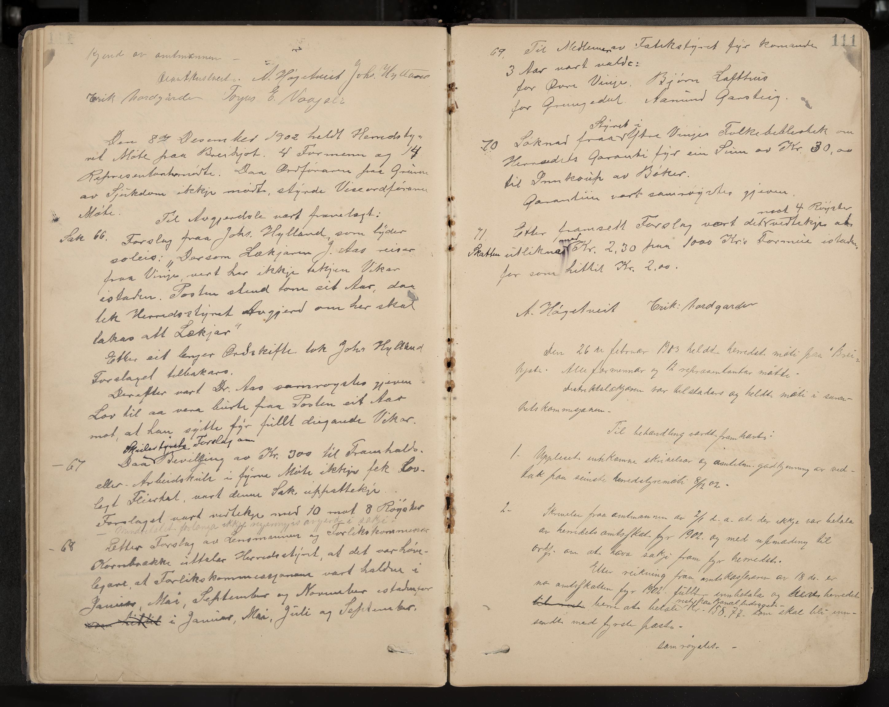 Vinje formannskap og sentraladministrasjon, IKAK/0834021-1/A/L0002: Møtebok, 1889-1913, p. 111