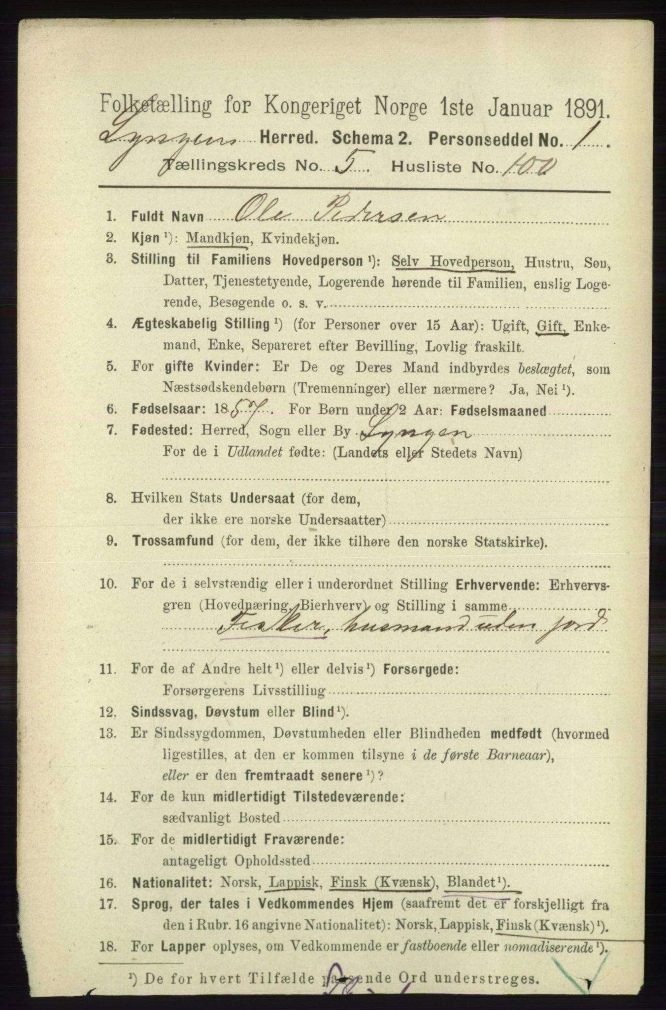 RA, 1891 census for 1938 Lyngen, 1891, p. 5083