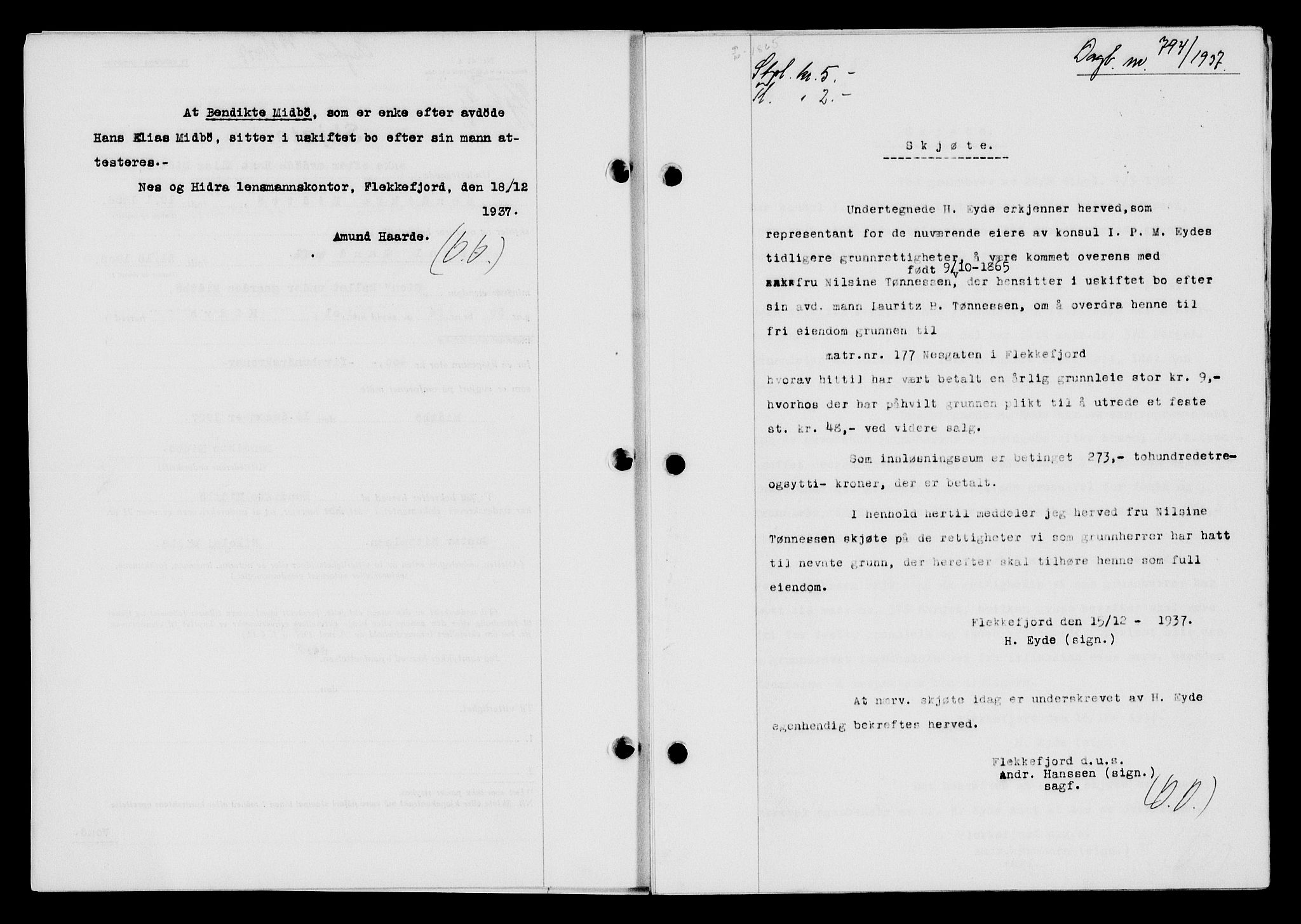 Flekkefjord sorenskriveri, SAK/1221-0001/G/Gb/Gba/L0054: Mortgage book no. A-2, 1937-1938, Diary no: : 794/1937