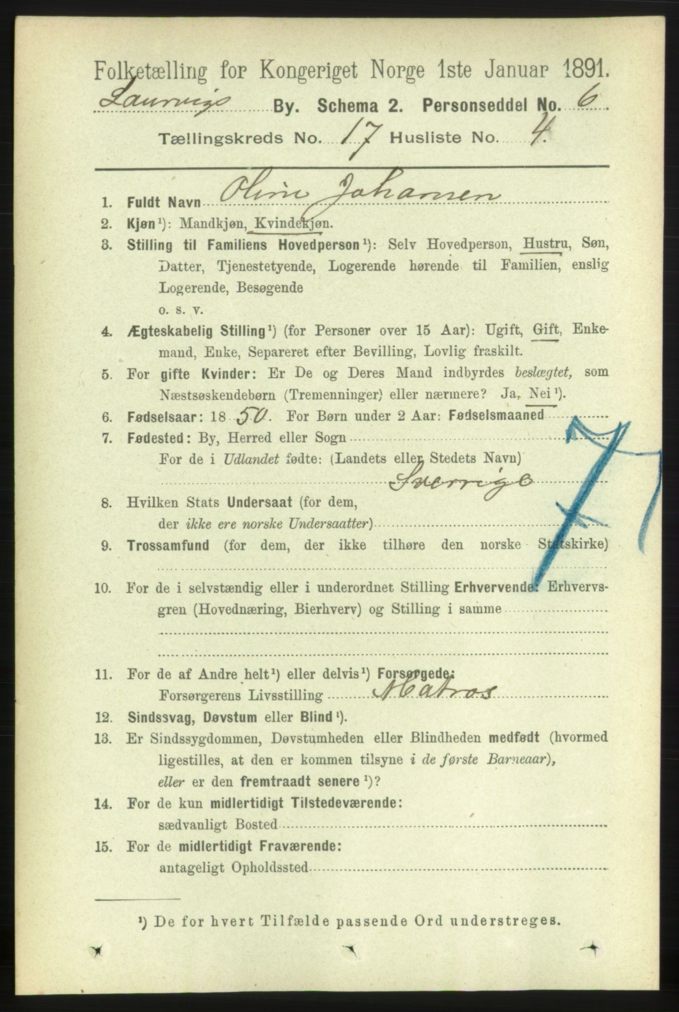 RA, 1891 census for 0707 Larvik, 1891, p. 12359