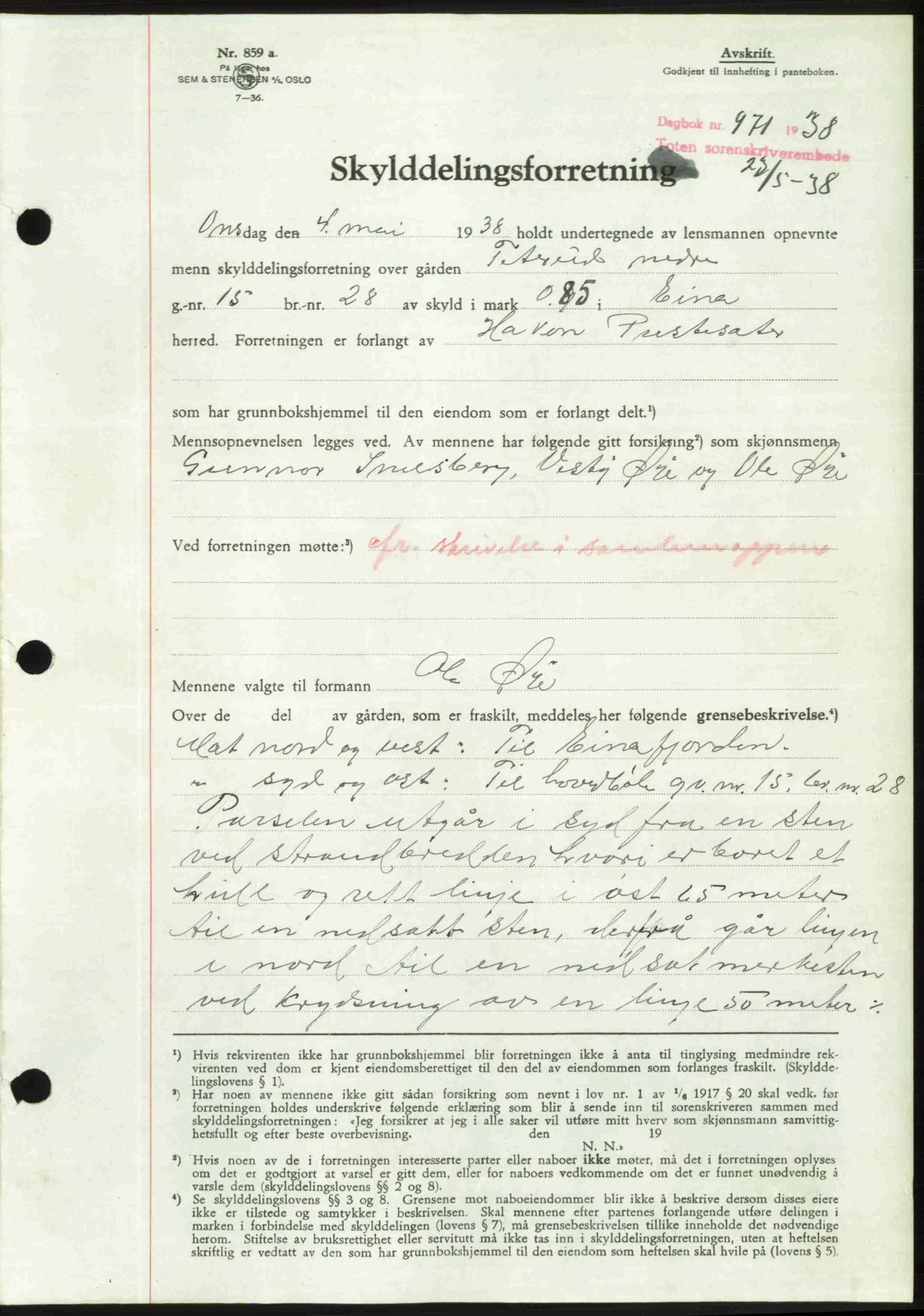Toten tingrett, SAH/TING-006/H/Hb/Hbc/L0004: Mortgage book no. Hbc-04, 1938-1938, Diary no: : 971/1938