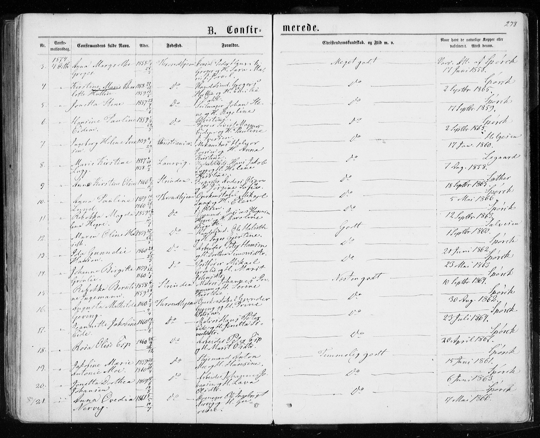 Ministerialprotokoller, klokkerbøker og fødselsregistre - Sør-Trøndelag, SAT/A-1456/601/L0054: Parish register (official) no. 601A22, 1866-1877, p. 278