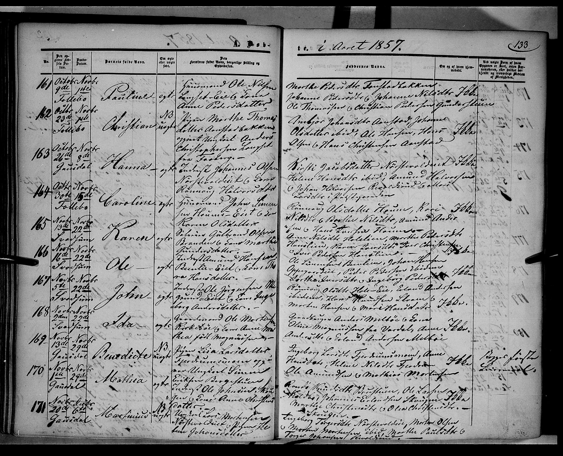 Gausdal prestekontor, SAH/PREST-090/H/Ha/Haa/L0008: Parish register (official) no. 8, 1850-1861, p. 133