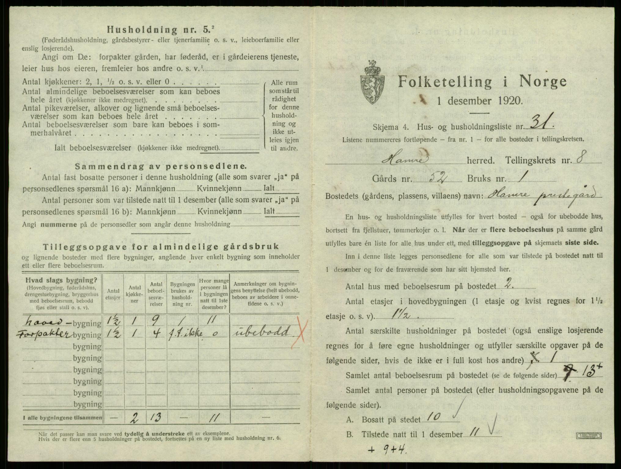 SAB, 1920 census for Hamre, 1920, p. 705