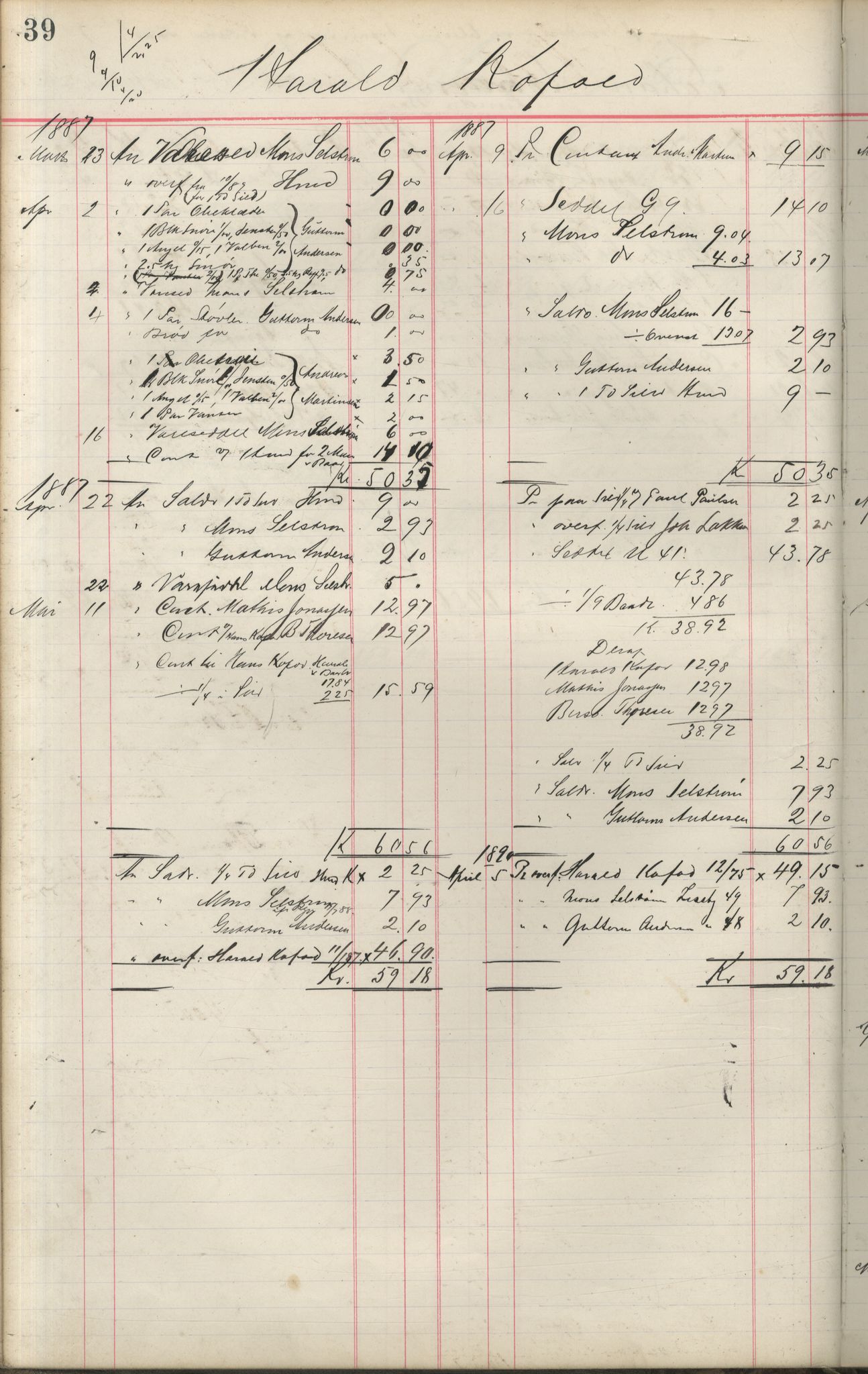 Brodtkorb handel A/S, VAMU/A-0001/F/Fa/L0001/0002: Kompanibøker. Innensogns / Compagnibog for Indensogns Fiskere No 11, 1887-1889, p. 39