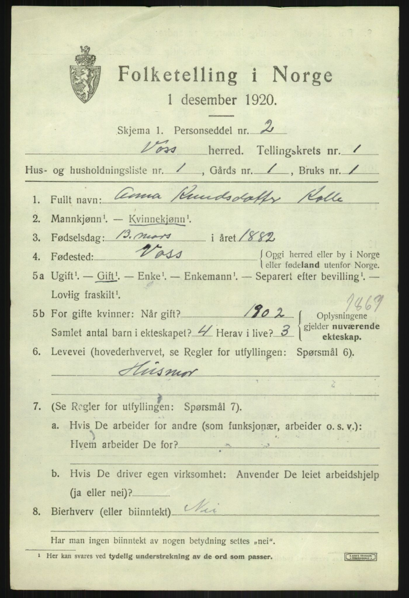 SAB, 1920 census for Voss, 1920, p. 2811