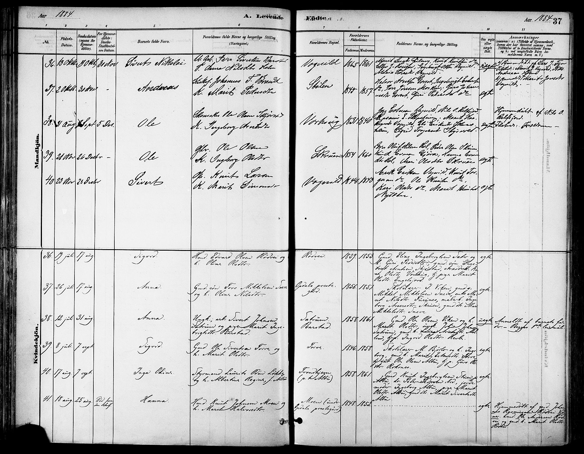 Ministerialprotokoller, klokkerbøker og fødselsregistre - Sør-Trøndelag, AV/SAT-A-1456/678/L0901: Parish register (official) no. 678A10, 1881-1894, p. 37