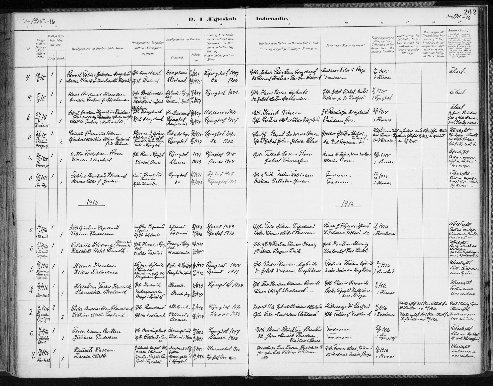 Lyngdal sokneprestkontor, SAK/1111-0029/F/Fa/Fac/L0012: Parish register (official) no. A 12, 1894-1918, p. 262