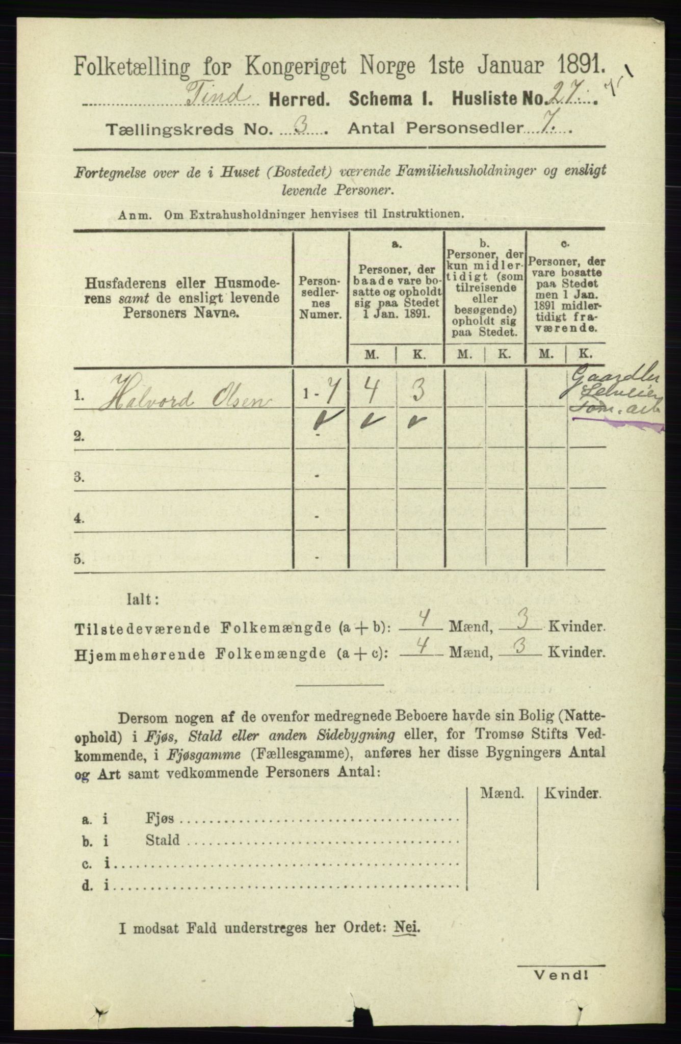 RA, 1891 census for 0826 Tinn, 1891, p. 496