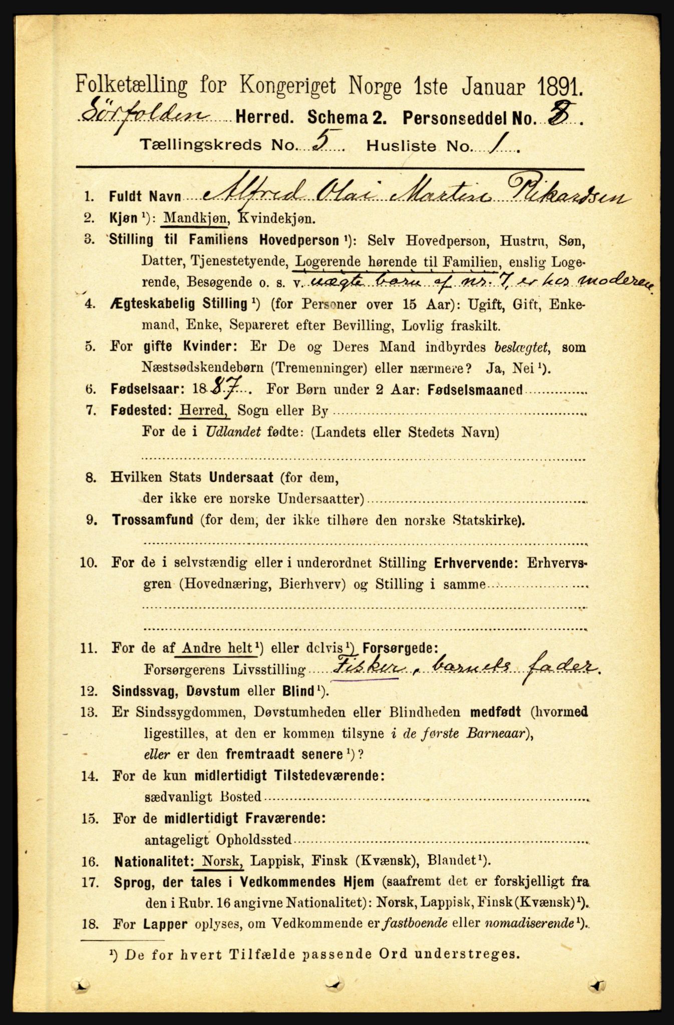 RA, 1891 census for 1845 Sørfold, 1891, p. 1369