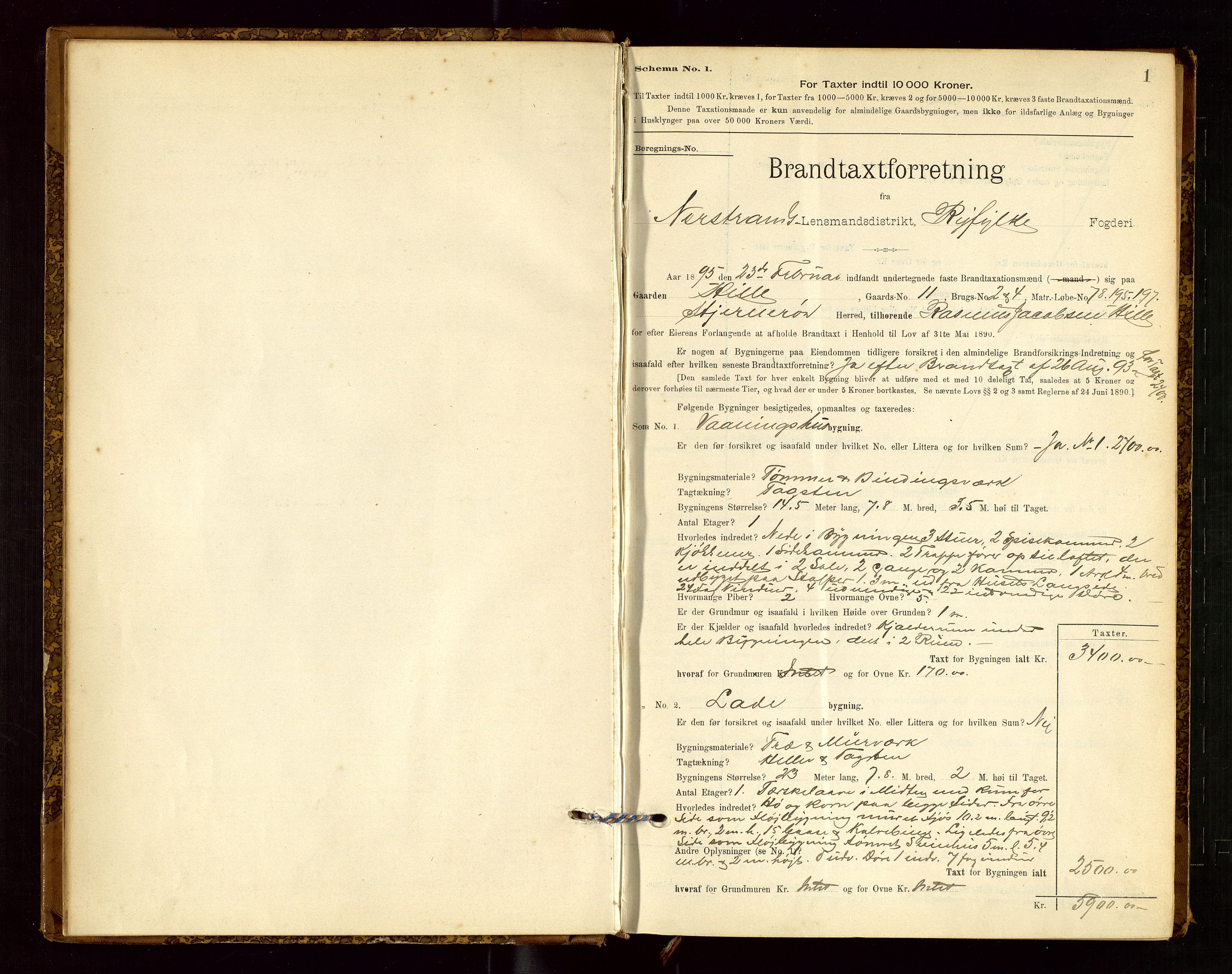 Nedstrand lensmannskontor, SAST/A-100236/Gob/L0001: "Brandtaxationsprotokol for Nerstrand Lensmandsdistrikt Ryfylke fogderi", 1895-1915, p. 1