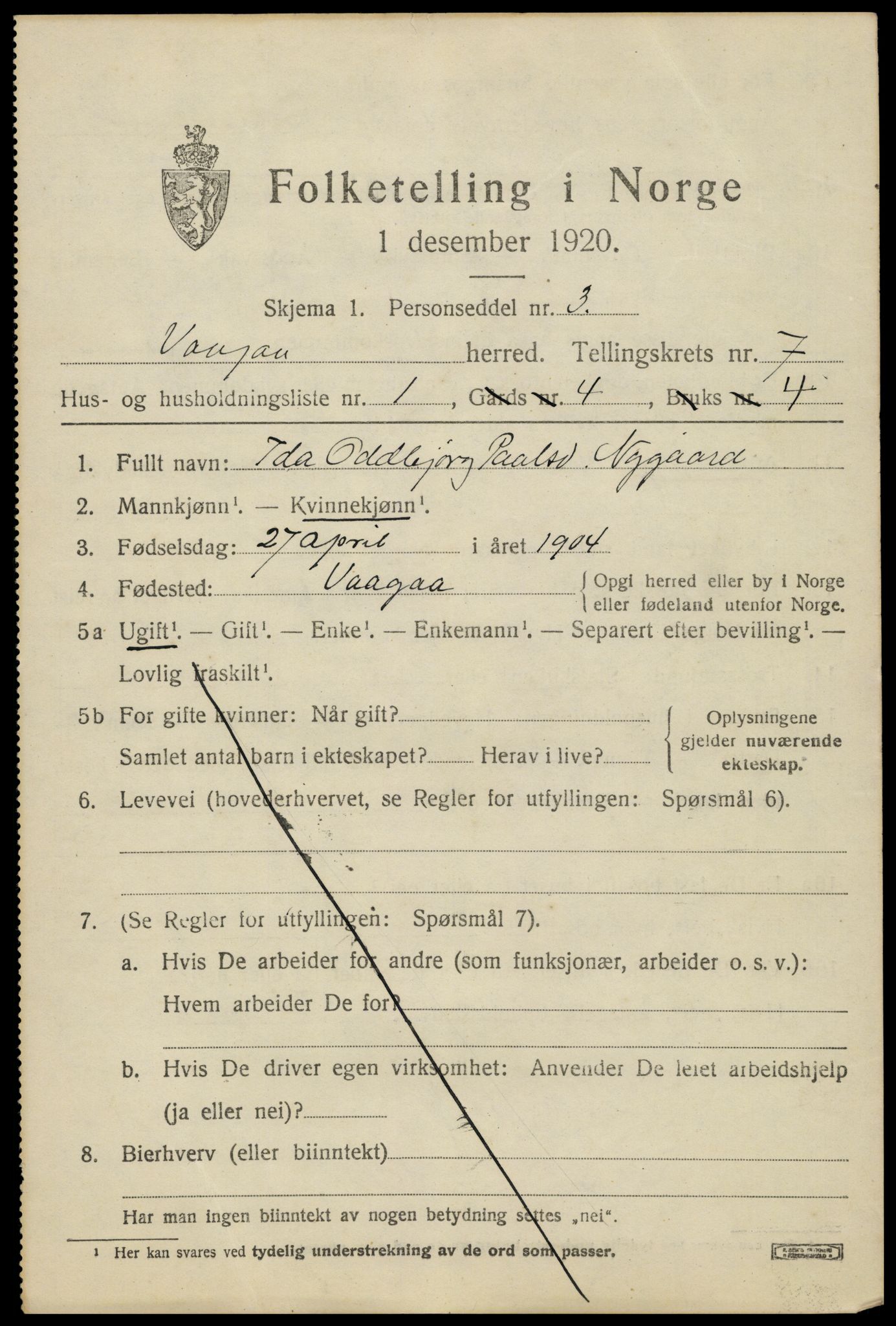 SAH, 1920 census for Vågå, 1920, p. 5302