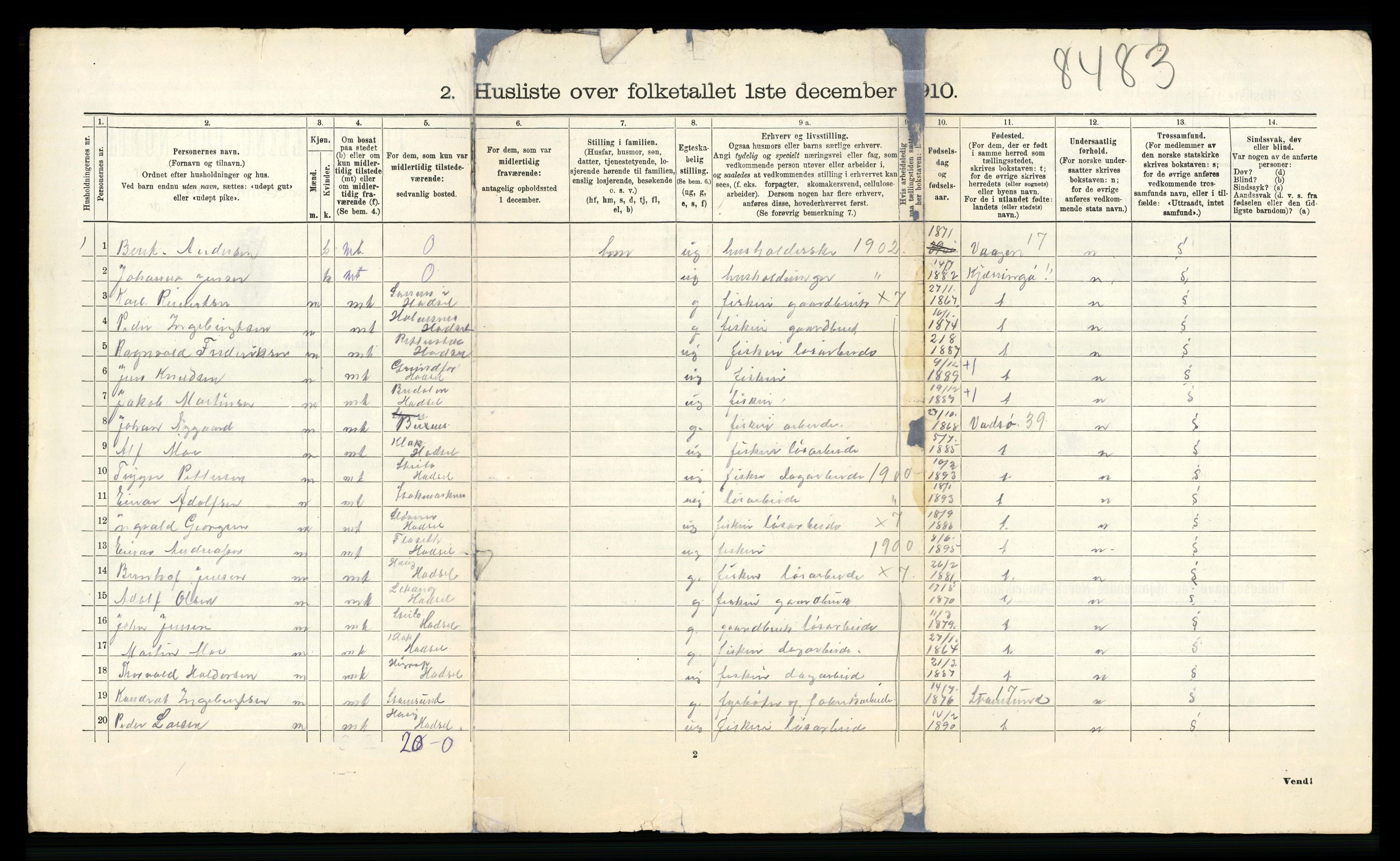 RA, 1910 census for Hadsel, 1910, p. 1334