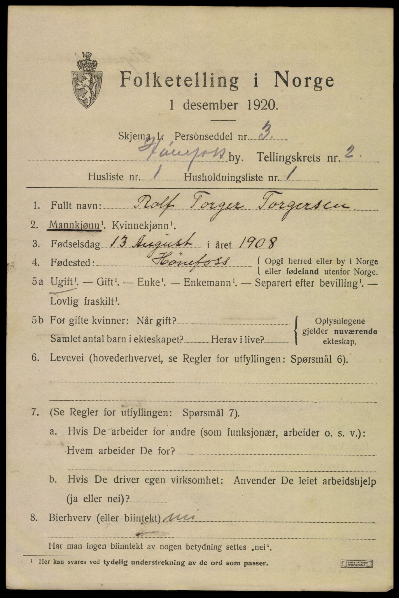 SAKO, 1920 census for Hønefoss, 1920, p. 3846