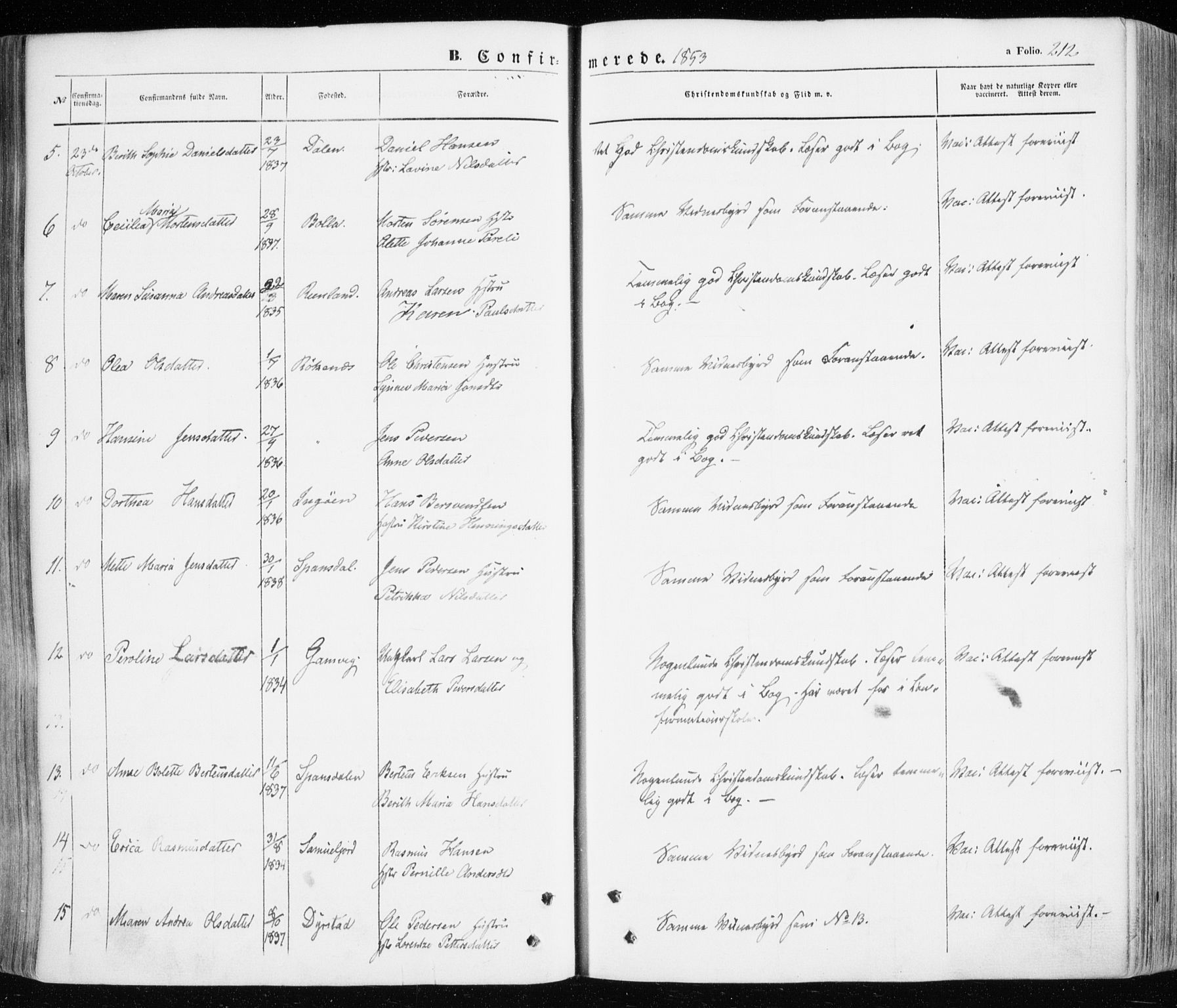 Ibestad sokneprestembete, SATØ/S-0077/H/Ha/Haa/L0008kirke: Parish register (official) no. 8, 1850-1859, p. 212