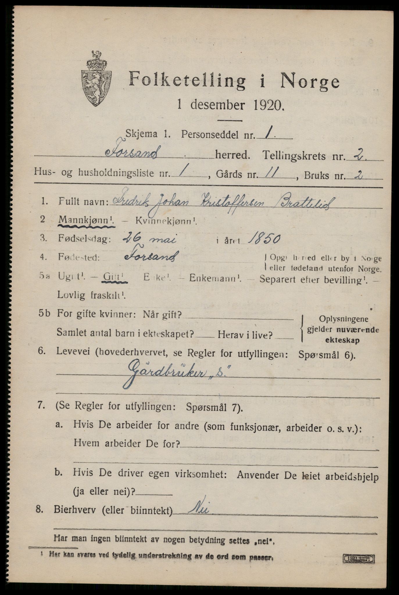 SAST, 1920 census for Forsand, 1920, p. 1217