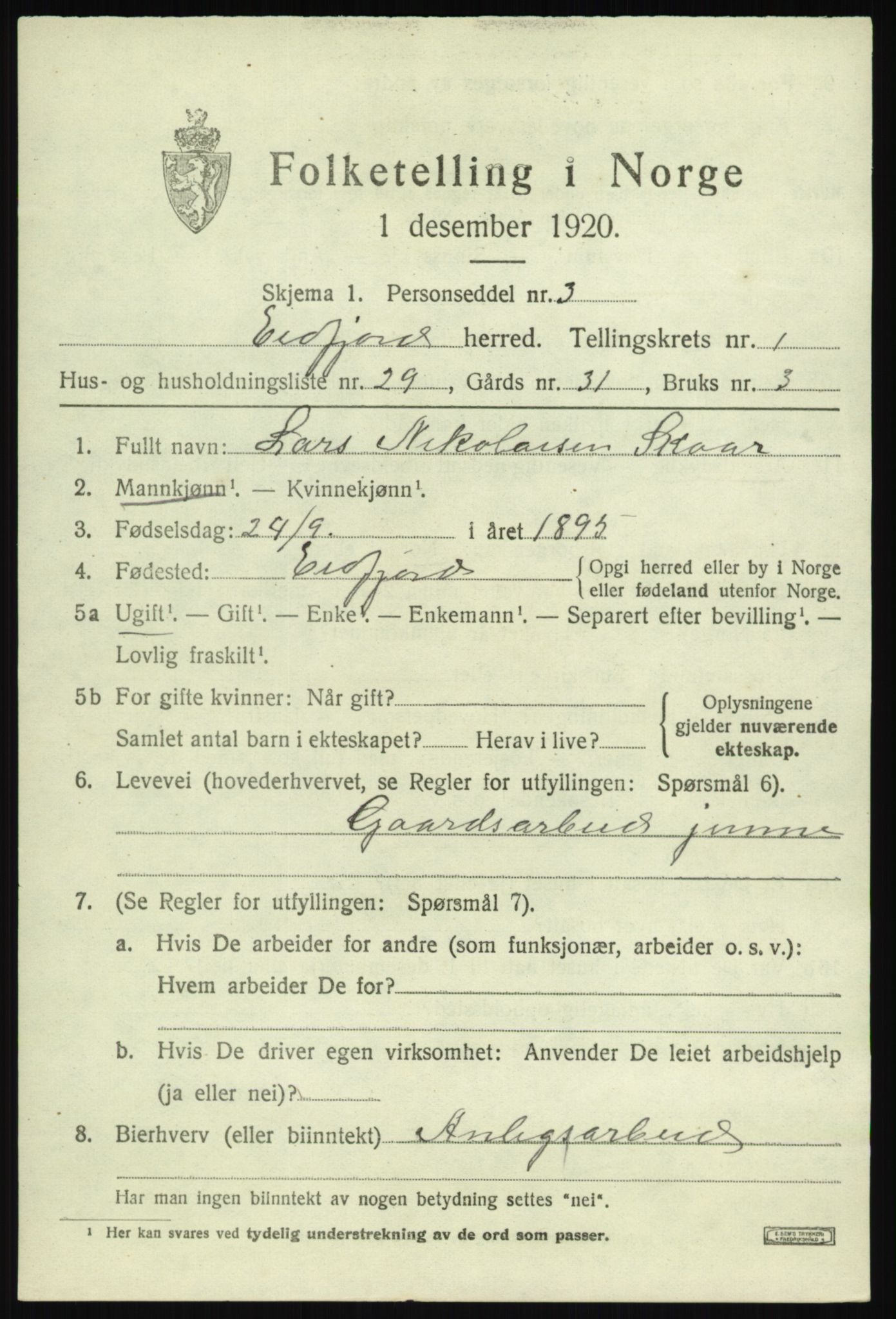 SAB, 1920 census for Eidfjord, 1920, p. 734