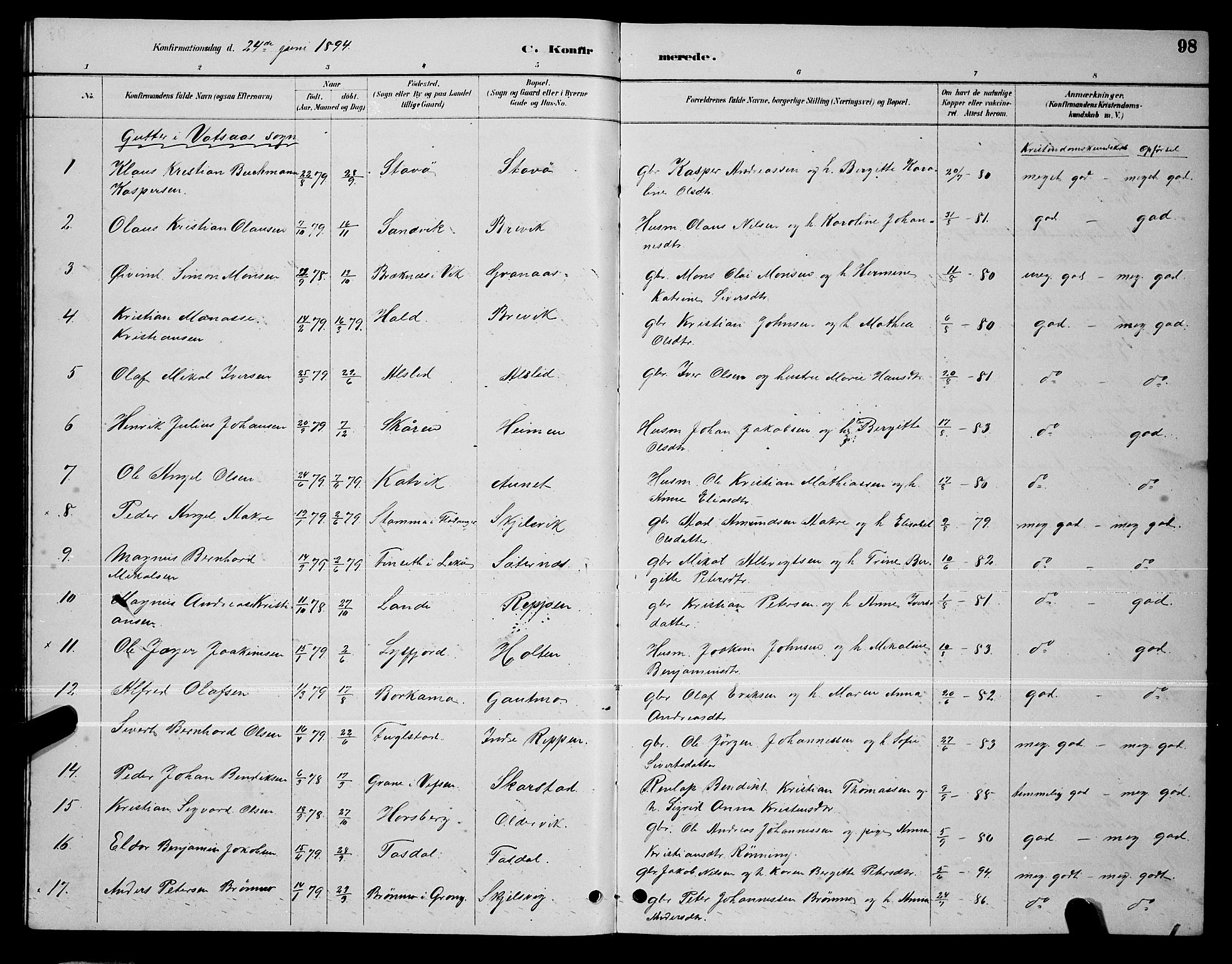 Ministerialprotokoller, klokkerbøker og fødselsregistre - Nordland, AV/SAT-A-1459/810/L0160: Parish register (copy) no. 810C03, 1884-1896, p. 98