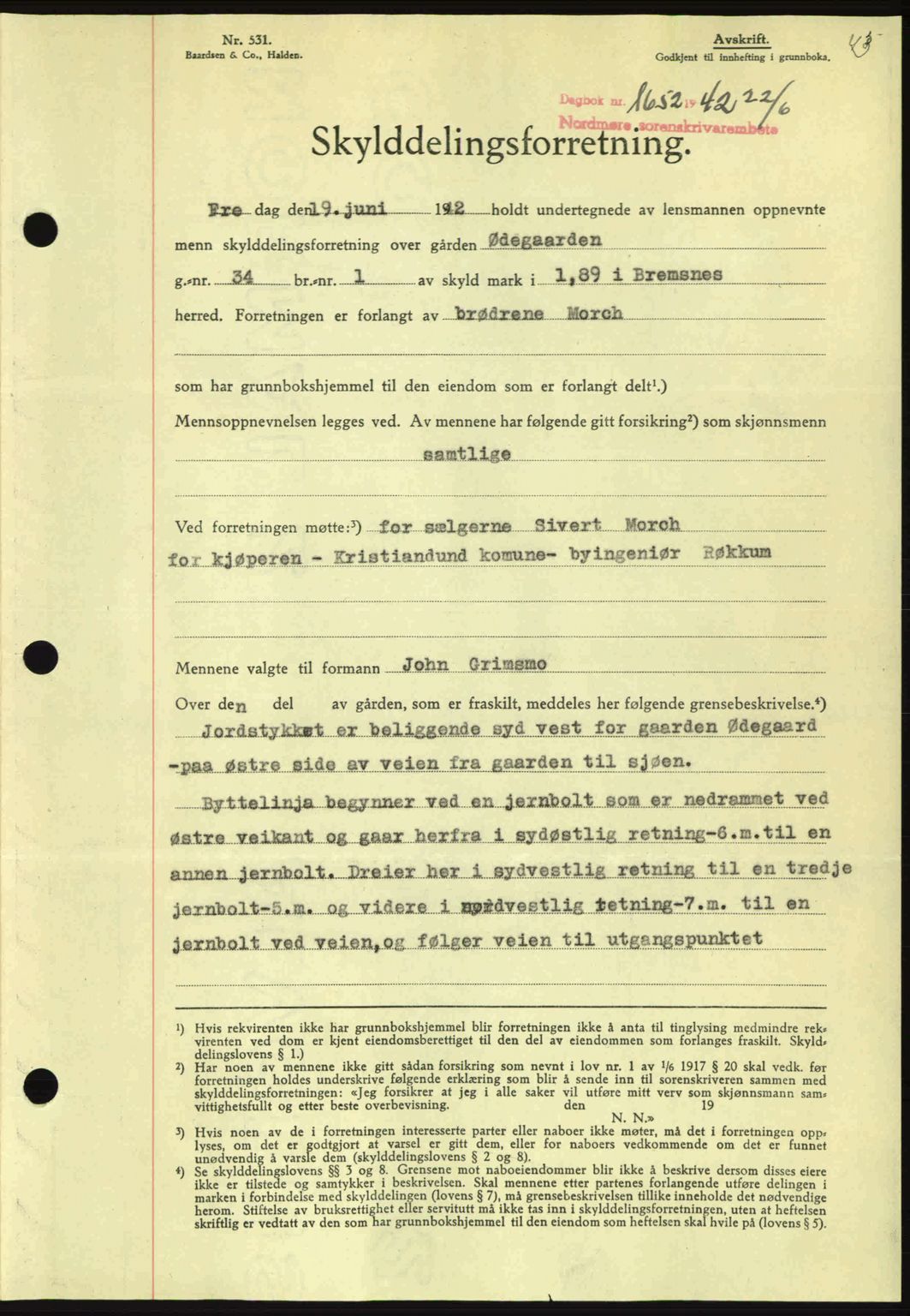 Nordmøre sorenskriveri, AV/SAT-A-4132/1/2/2Ca: Mortgage book no. A93, 1942-1942, Diary no: : 1652/1942