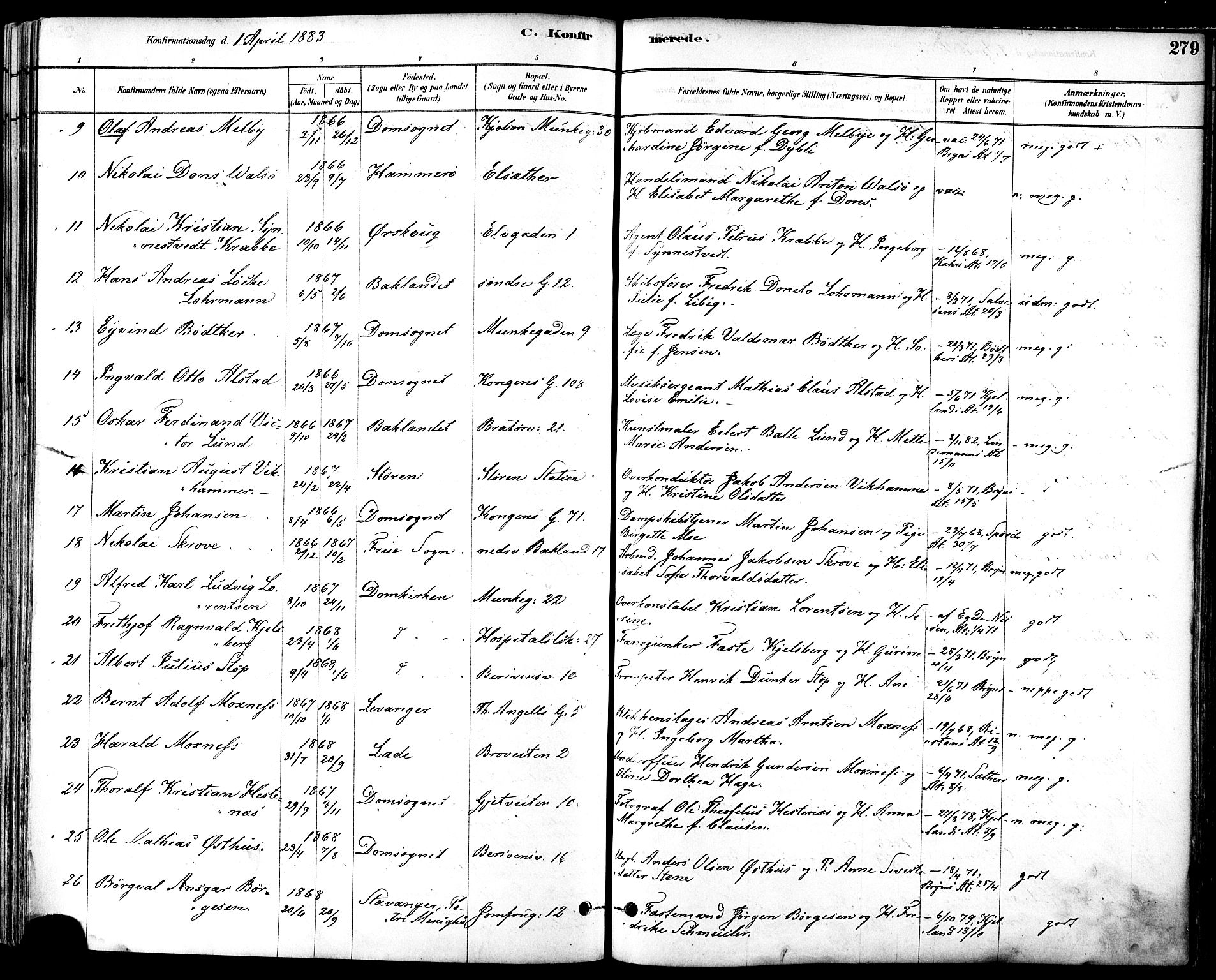 Ministerialprotokoller, klokkerbøker og fødselsregistre - Sør-Trøndelag, SAT/A-1456/601/L0057: Parish register (official) no. 601A25, 1877-1891, p. 279
