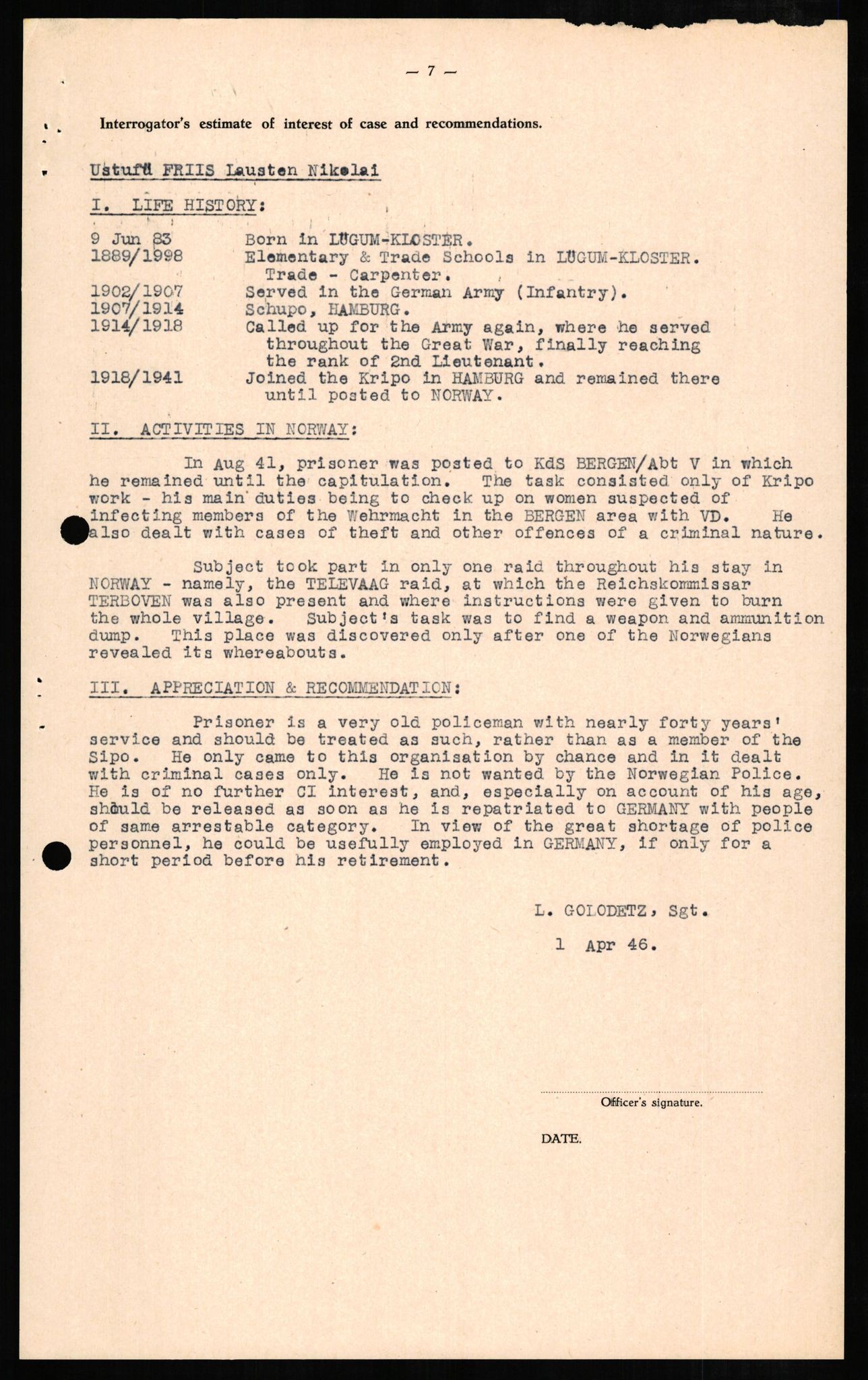 Forsvaret, Forsvarets overkommando II, AV/RA-RAFA-3915/D/Db/L0008: CI Questionaires. Tyske okkupasjonsstyrker i Norge. Tyskere., 1945-1946, p. 372