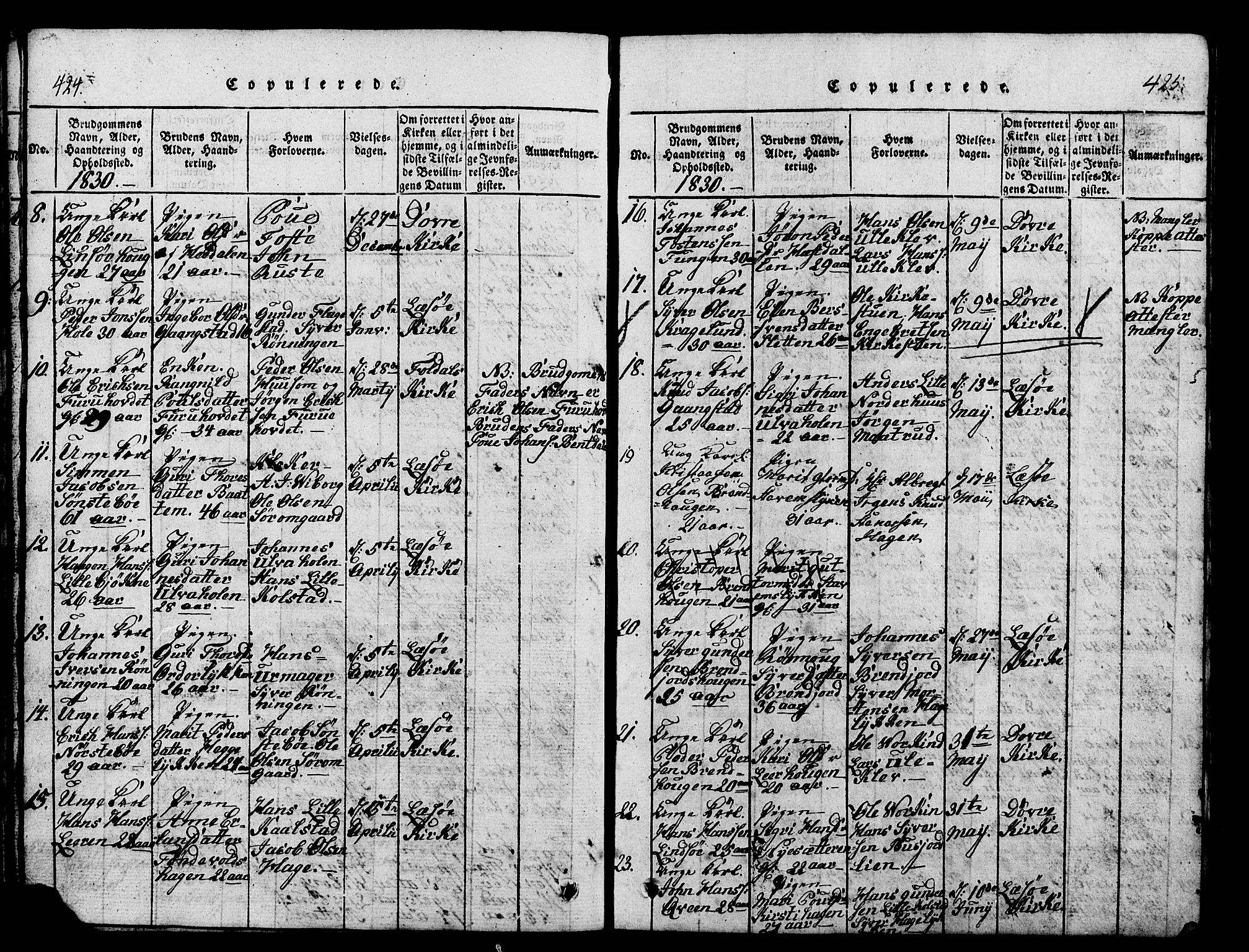 Lesja prestekontor, SAH/PREST-068/H/Ha/Hab/L0001: Parish register (copy) no. 1, 1820-1831, p. 424-425