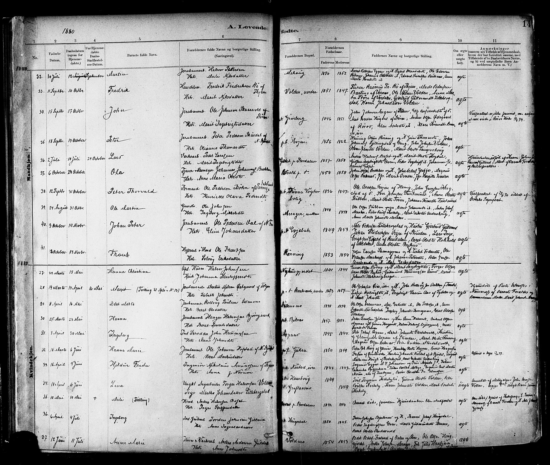 Ministerialprotokoller, klokkerbøker og fødselsregistre - Nord-Trøndelag, SAT/A-1458/706/L0047: Parish register (official) no. 706A03, 1878-1892, p. 14