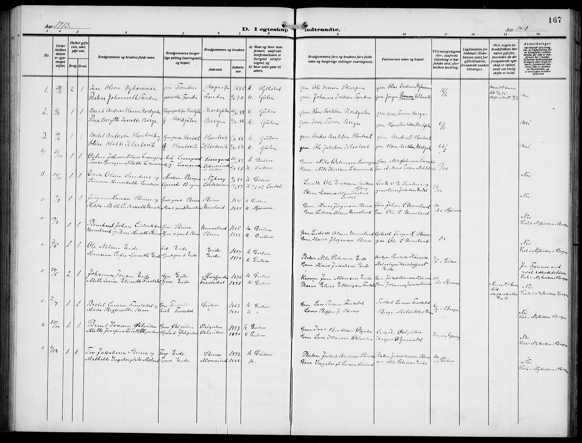 Gulen sokneprestembete, AV/SAB-A-80201/H/Hab/Habb/L0004: Parish register (copy) no. B 4, 1908-1936, p. 167