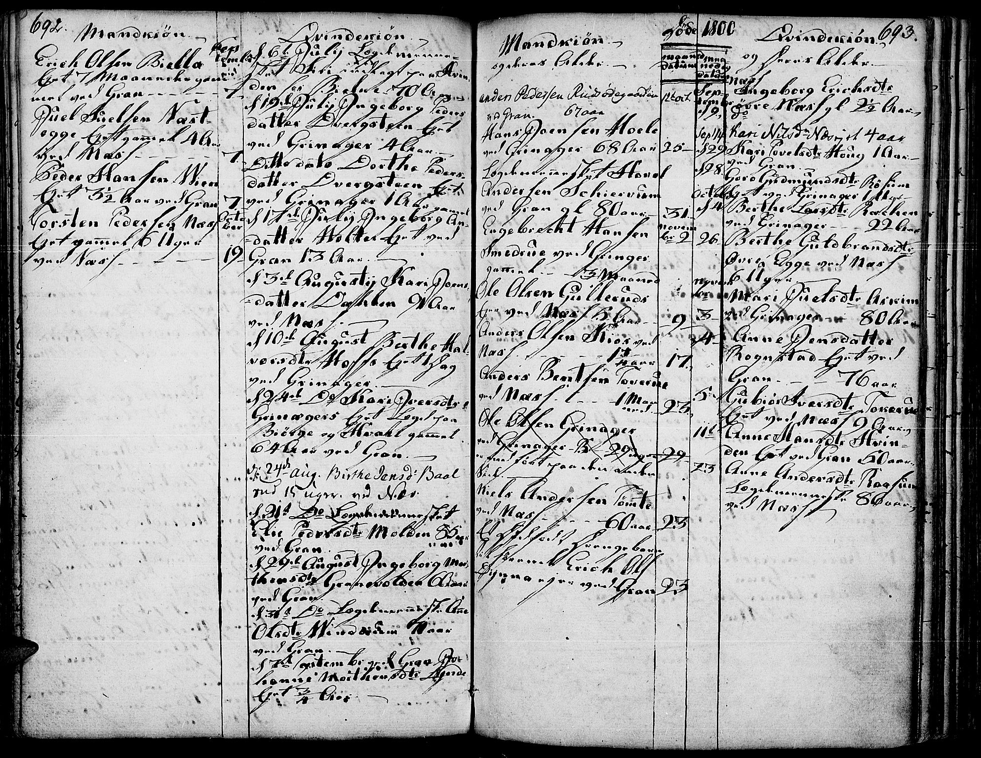 Gran prestekontor, SAH/PREST-112/H/Ha/Haa/L0006: Parish register (official) no. 6, 1787-1824, p. 692-693