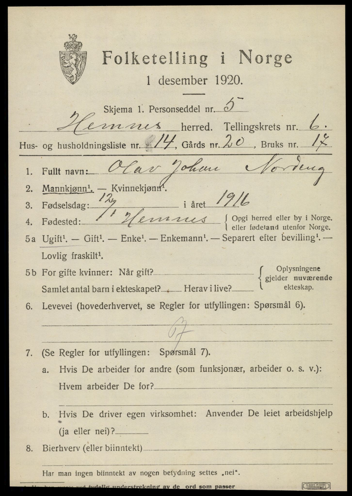 SAT, 1920 census for Hemnes, 1920, p. 6528