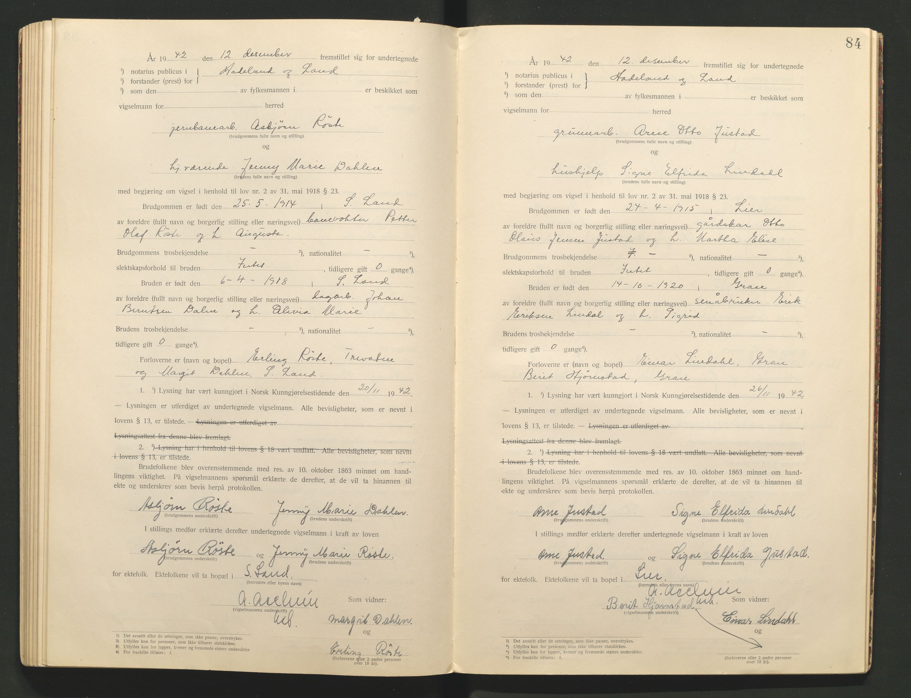 Hadeland og Land tingrett, AV/SAH-TING-010/L/Lb/L0001: Vigselbok, 1920-1943, p. 84