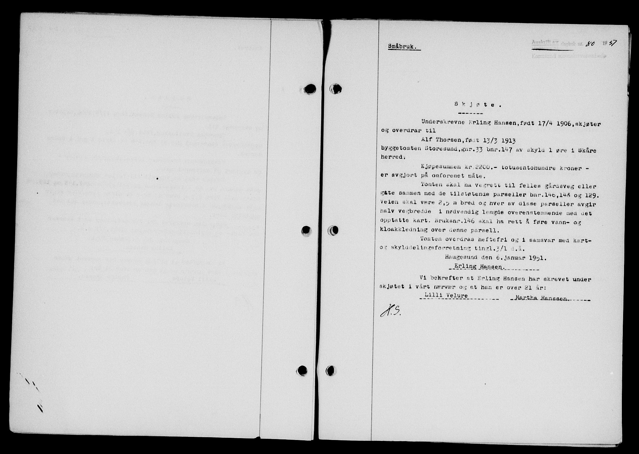 Karmsund sorenskriveri, AV/SAST-A-100311/01/II/IIB/L0101: Mortgage book no. 81A, 1950-1951, Diary no: : 80/1951