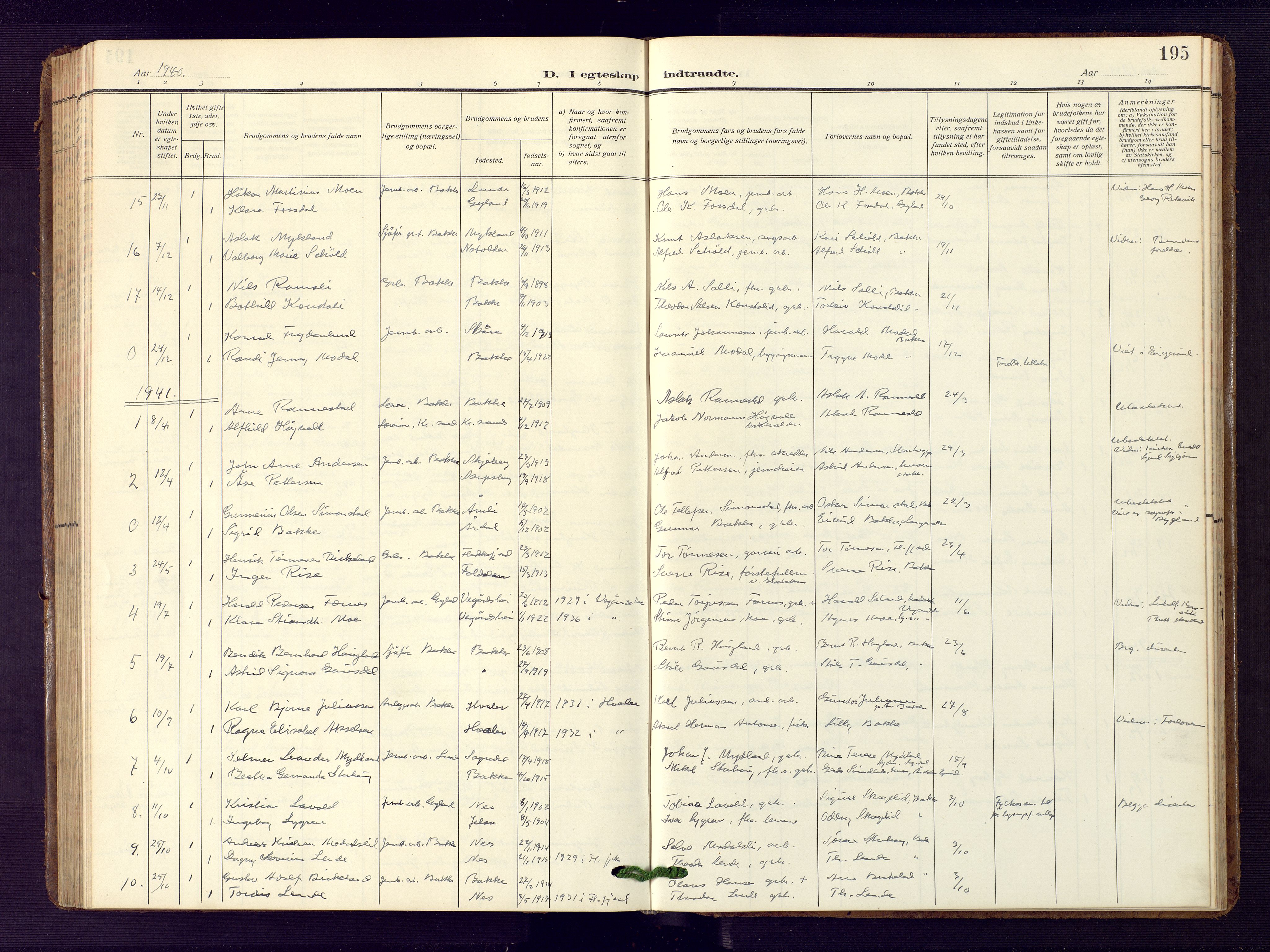 Bakke sokneprestkontor, SAK/1111-0002/F/Fb/Fba/L0004: Parish register (copy) no. B 4, 1911-1946, p. 195