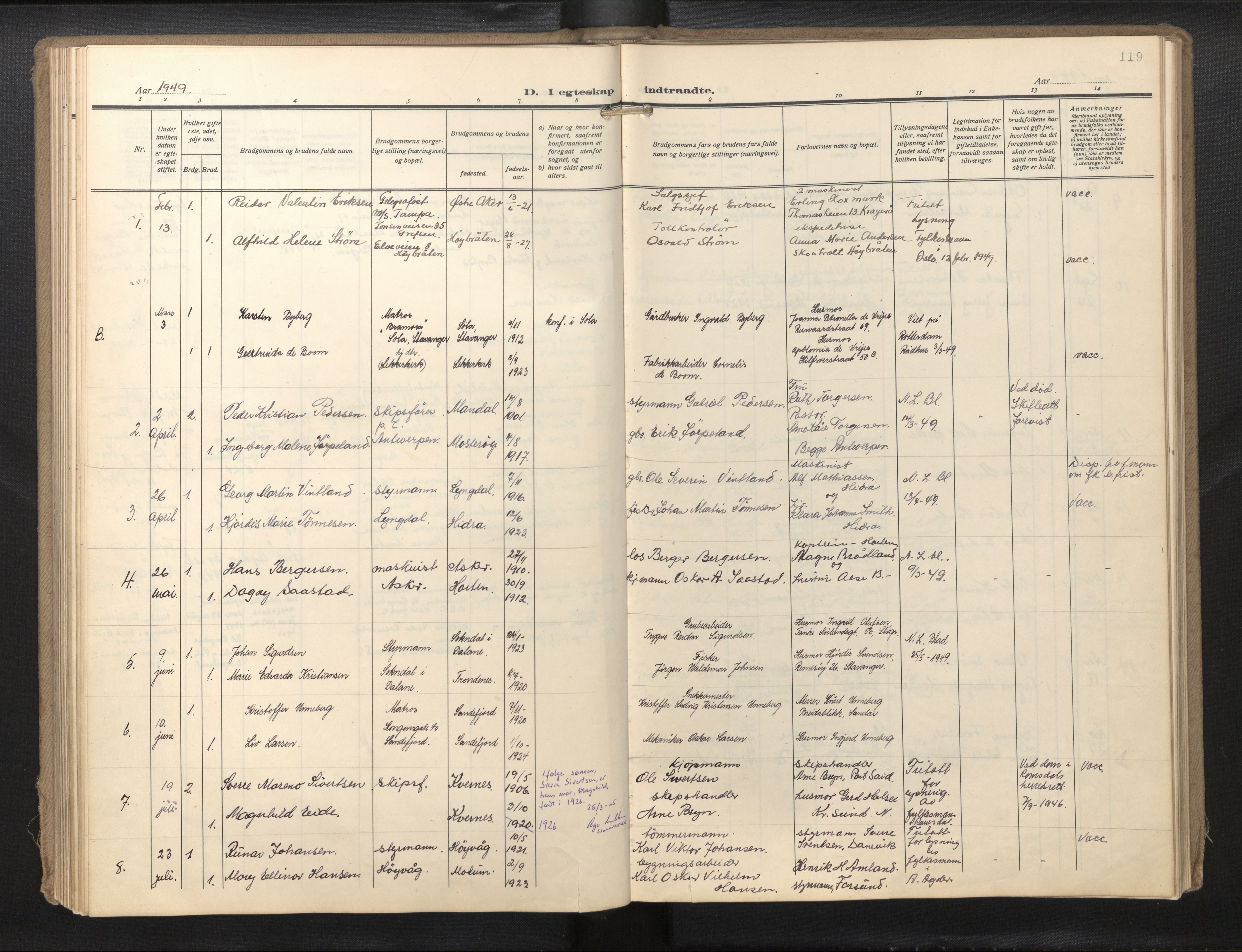 Den norske sjømannsmisjon i utlandet/Hollandske havner (Amsterdam-Rotterdam-Europort), SAB/SAB/PA-0106/H/Ha/Haa/L0004: Parish register (official) no. A 1, 1928-1956, p. 118b-119a
