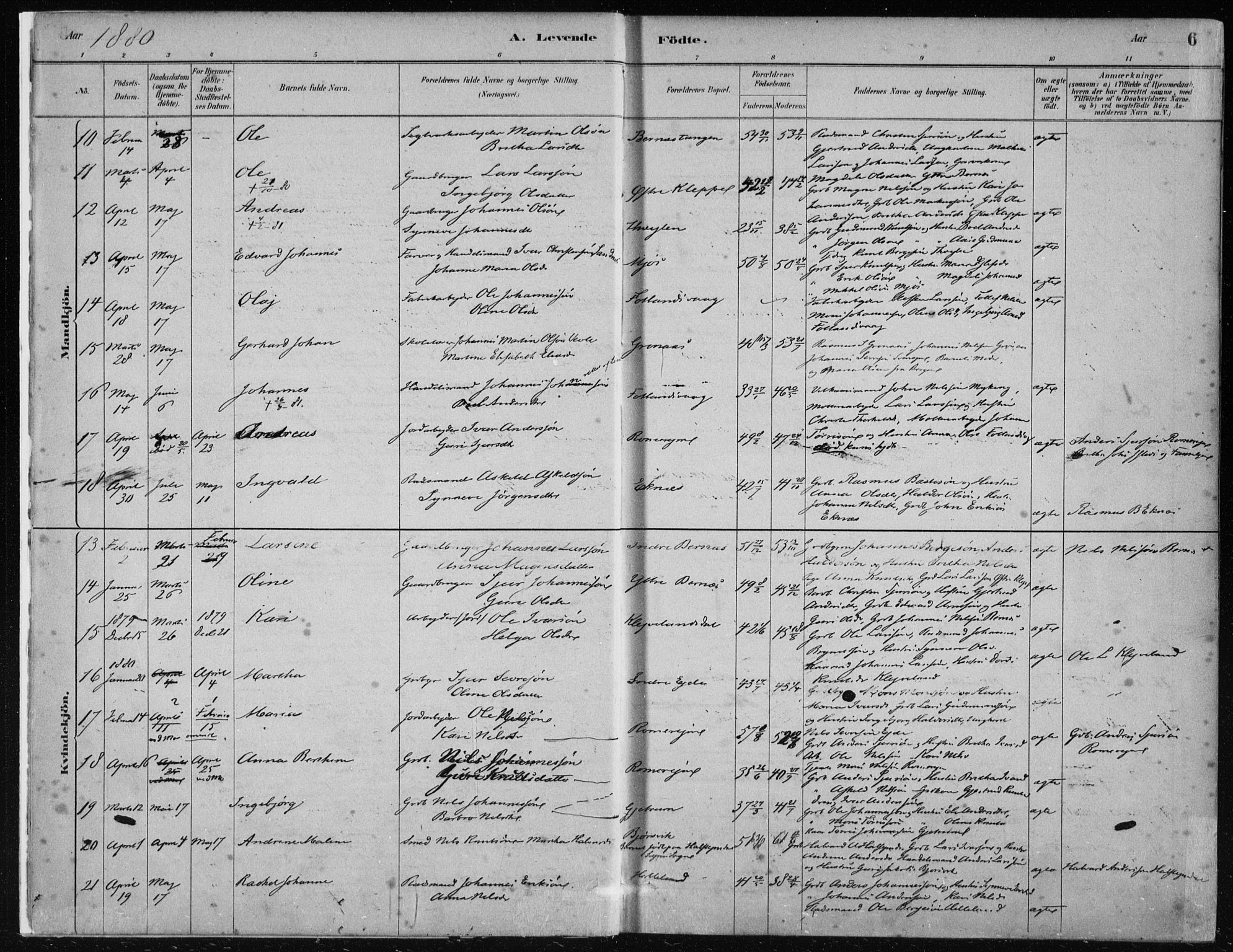 Hosanger sokneprestembete, AV/SAB-A-75801/H/Haa: Parish register (official) no. B  1, 1880-1896, p. 6