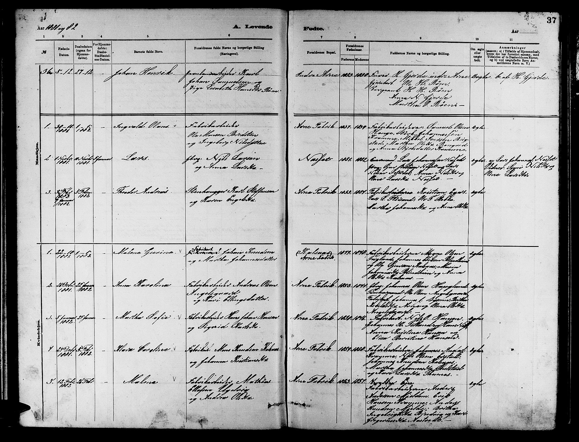 Arna Sokneprestembete, SAB/A-74001/H/Ha/Hab: Parish register (copy) no. A 2, 1878-1887, p. 37